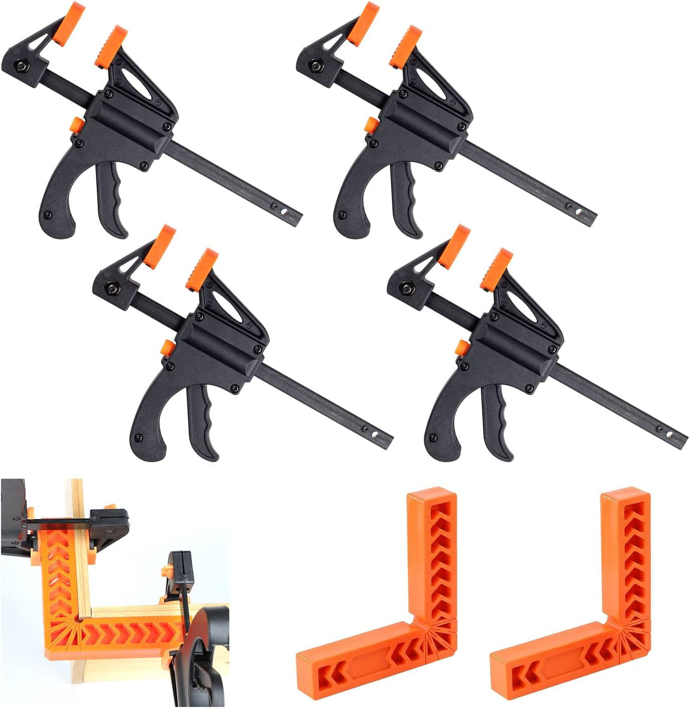 JINTANG Set of 6 One-Hand Clamp Set, Screw Clamp Tensioner Right Angle Clip Positioning Squares 90 Degree 4 Inches and F-Shaped Rod Clamps Quick Grip Clamps Set image number 5