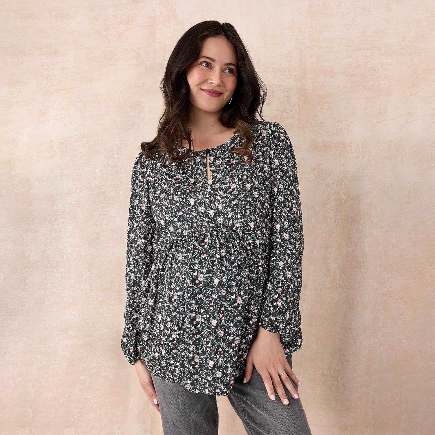 Motherhood Maternity Women'S Long Sleeve Empire Waist Keyhole Woven Pregnancy Blouse image number 5