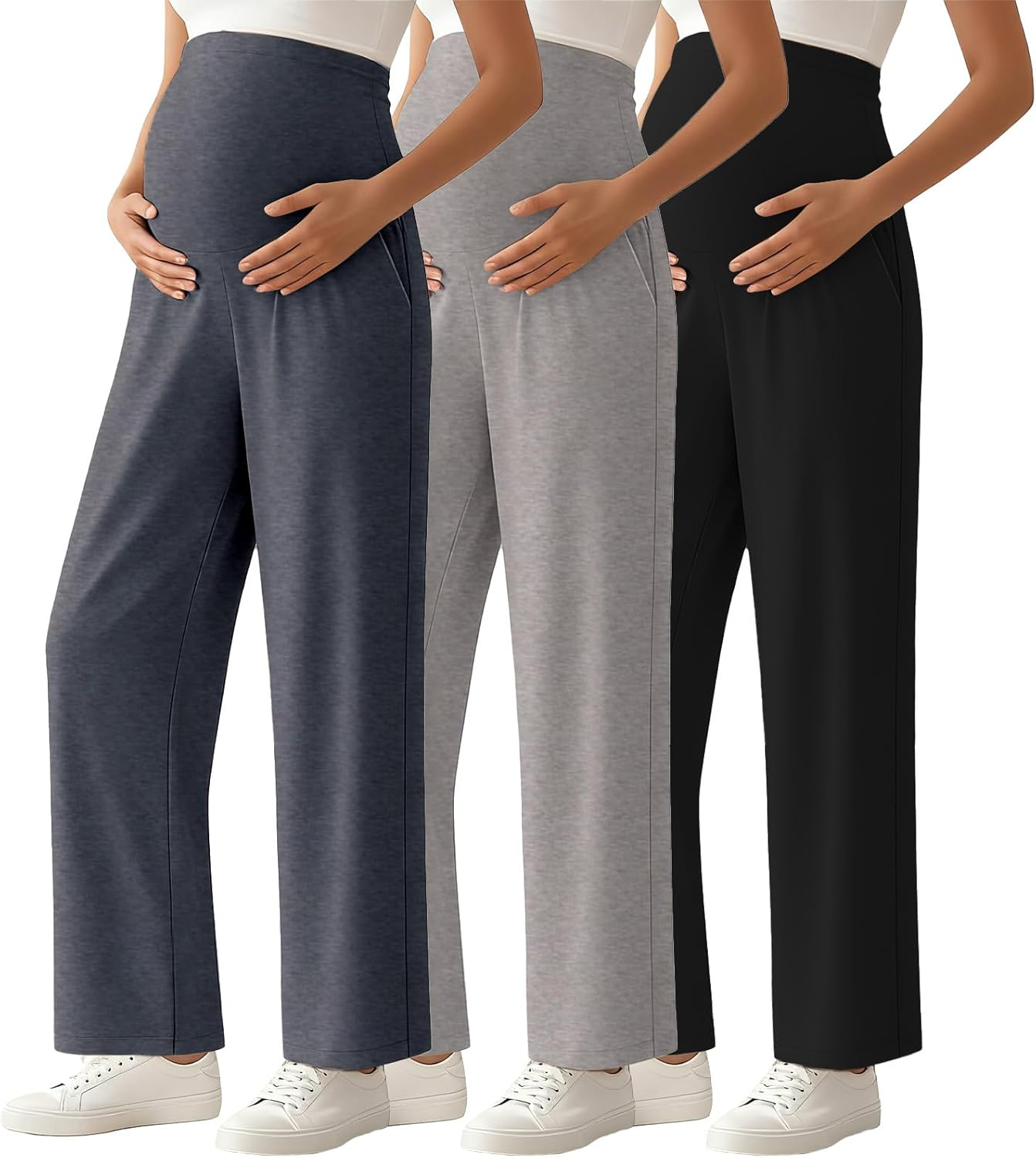 Ecavus 3-Pack Women'S Maternity Pants over Belly Soft Lounge Palazzo Pants Stretch Wide Leg Pregnancy Trousers with Pockets