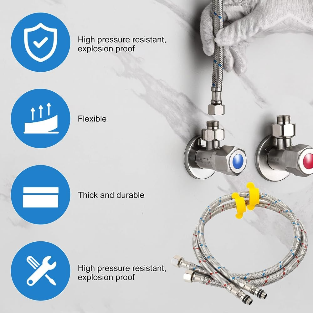 Pack of 2 80 Cm Tap Connection Hose G3/8 X M10, Hot and Cold Water Tap Connection Extension with Sealing Tape, Stainless Steel Braided Flexible Hose Fitting, Suitable for Kitchens and Bathrooms image number 5