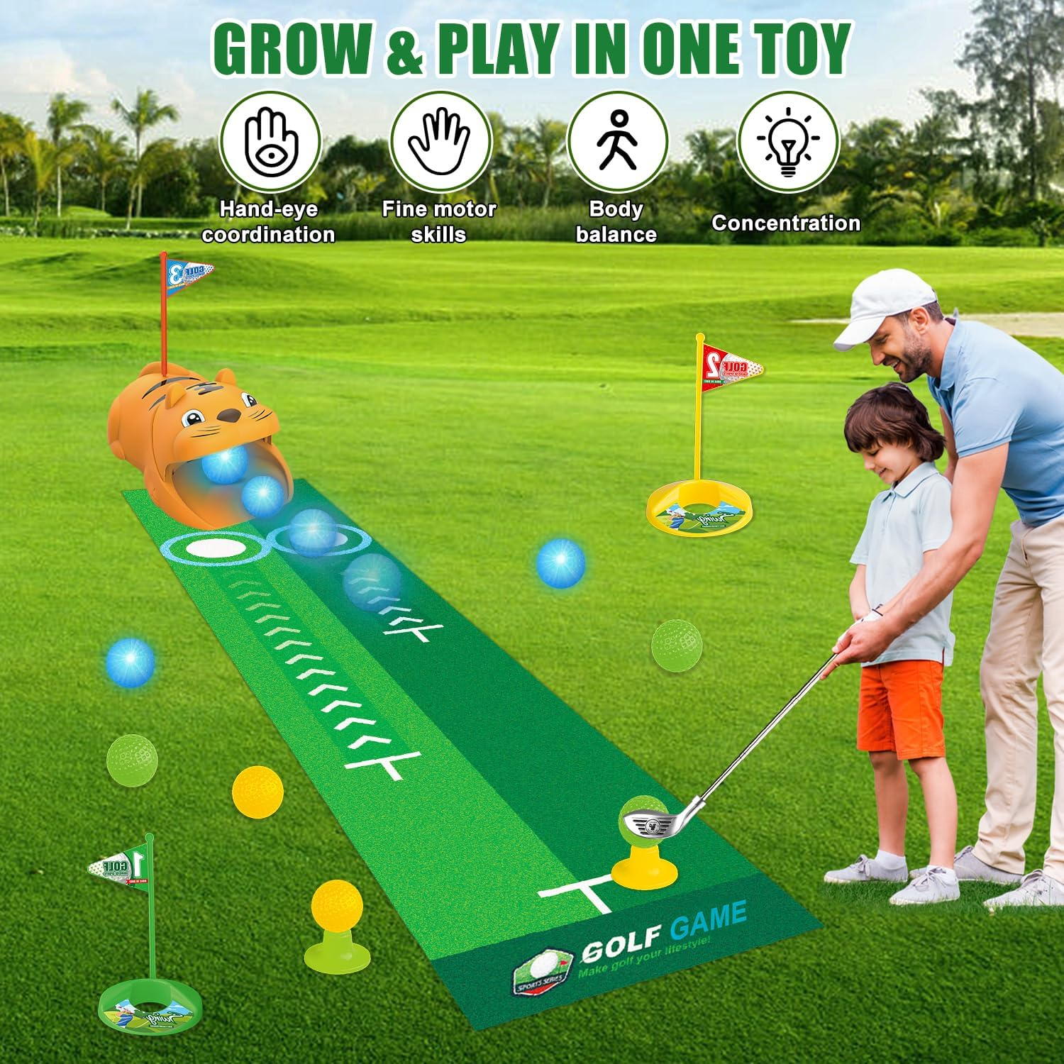 Fistone Kids Toy Golf Set, with Automatic Golf Returner, Golf Balls, Clubs, Putting Mat, Indoor Outdoor Sports Toy Birthday Gift image number 2