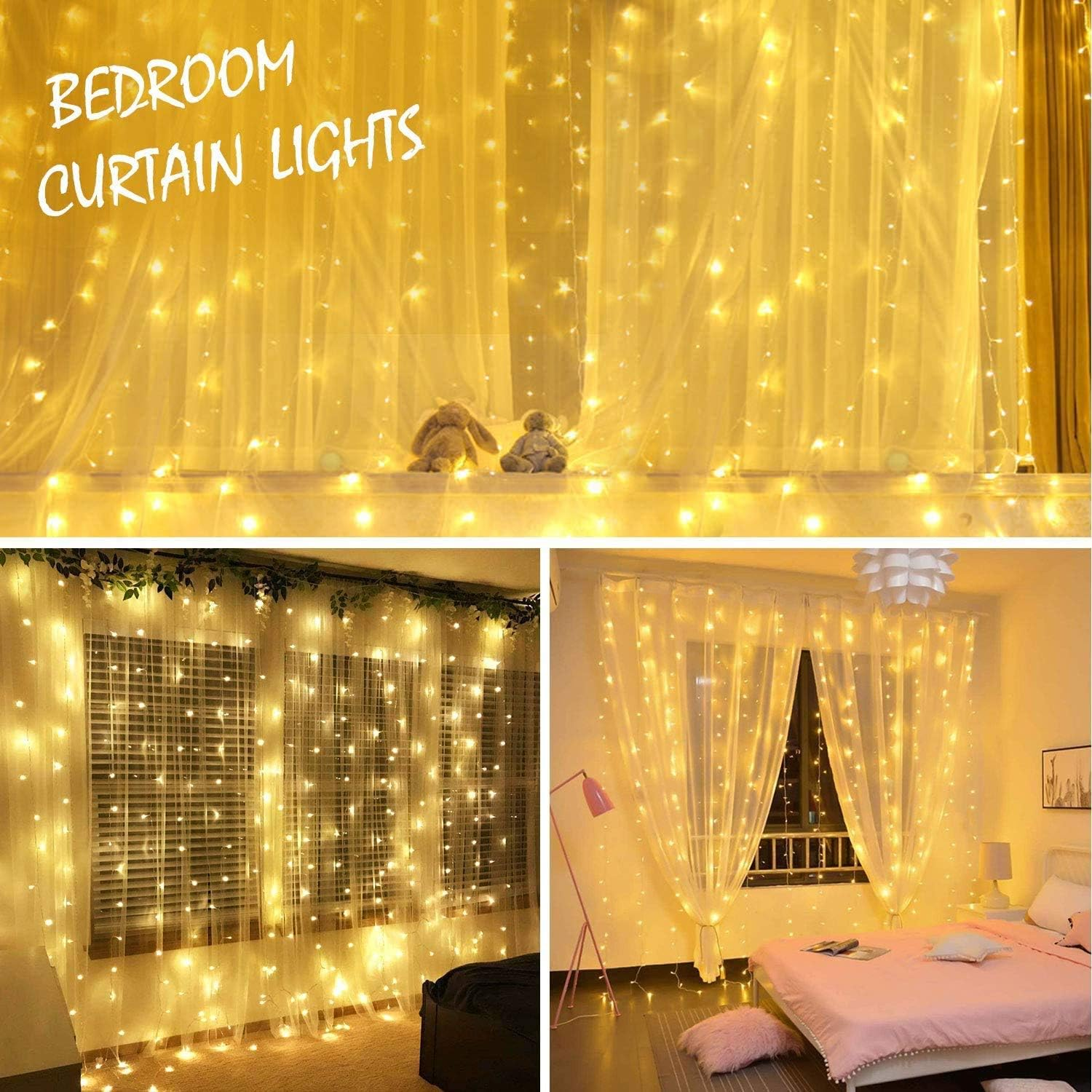 Curtian String Lights, HWZX 300 LED Window Curtain String Light with Remote Control Timer for Christmas Wedding Party Home Garden Bedroom Outdoor Indoor Decoration (Warm White) image number 4