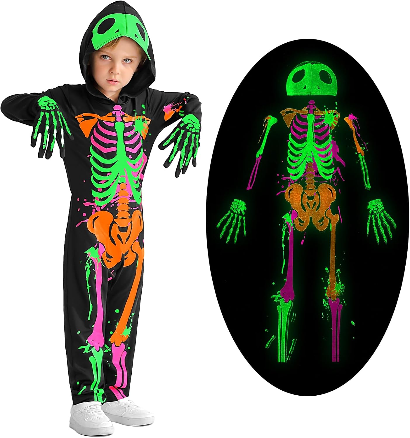 Weixinbuy Kids Halloween Skeleton Costumes Toddler Luminous Scary Skull Bones Jumpsuit Glow in the Dark Outfit for Child Baby