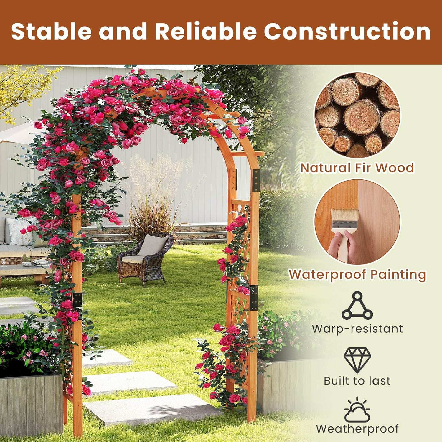 Costway 235 Cm Garden Arch Wooden Arbor, Outdoor Wood Trellis for Climbing Plants, Wedding Arch for Ceremonies Parties, Solid Wood Backdrop Stand, Backyard Pergola, Greenhouse Patio Lawn Decoration image number 3