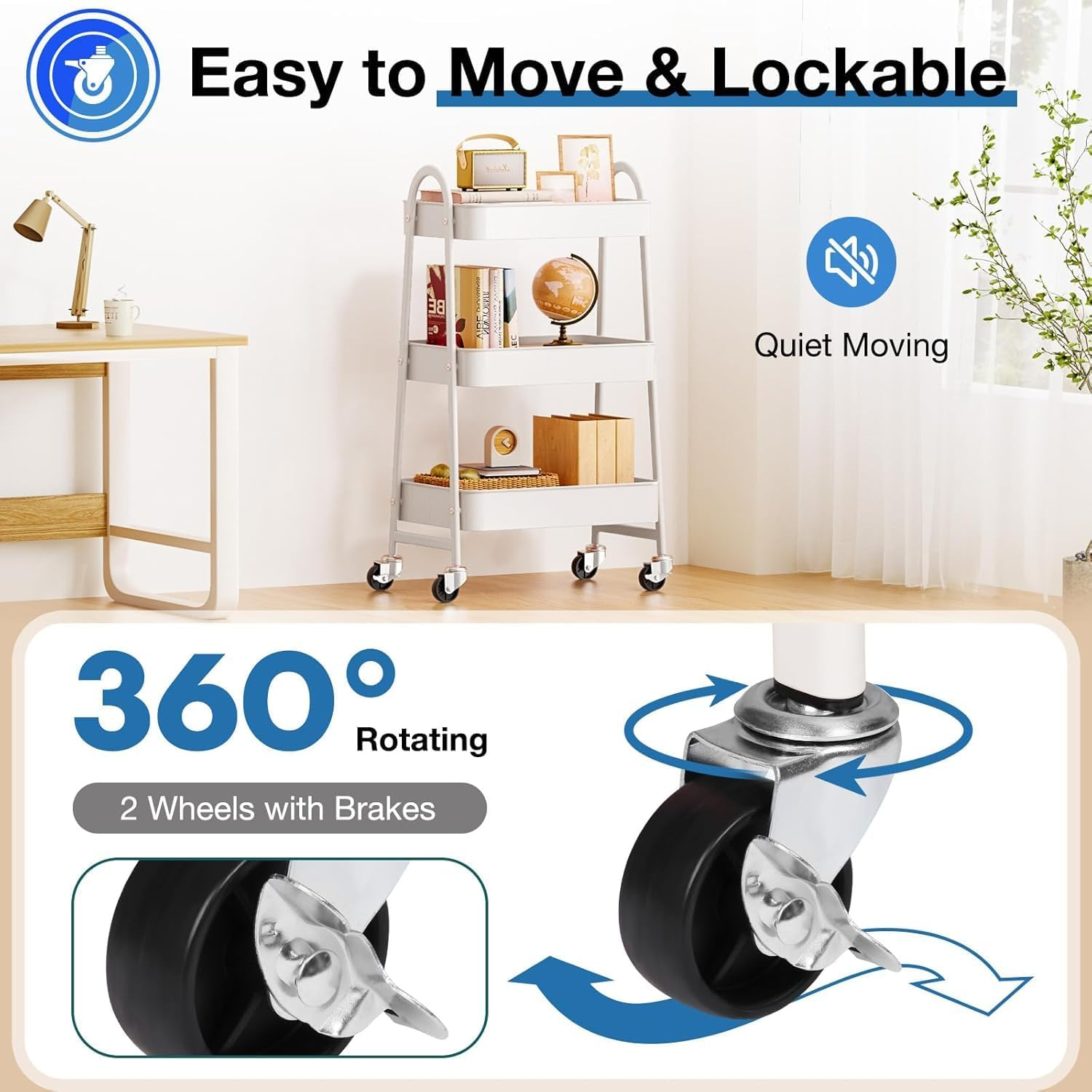 3-Tier Metal Rolling Cart with Lockable Caster Wheels - Lightweight Sturdy Utility Storage Organizer for Kitchen, Office, Bathroom, Narrow Places image number 4