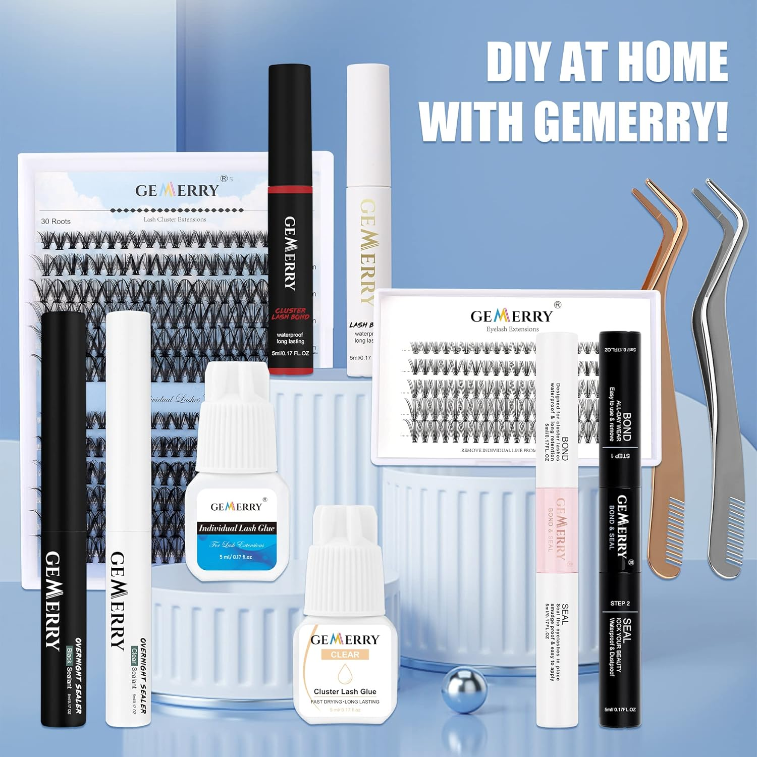 GEMERRY Lash Bond and Seal Eyelash Glue Cluster Lash Glue Clear Individual Lash Glue Lash Glue for DIY Eyelash Extensions Waterproof 48 Hours Longwear Latex-Free Overnight Beginner Friendly