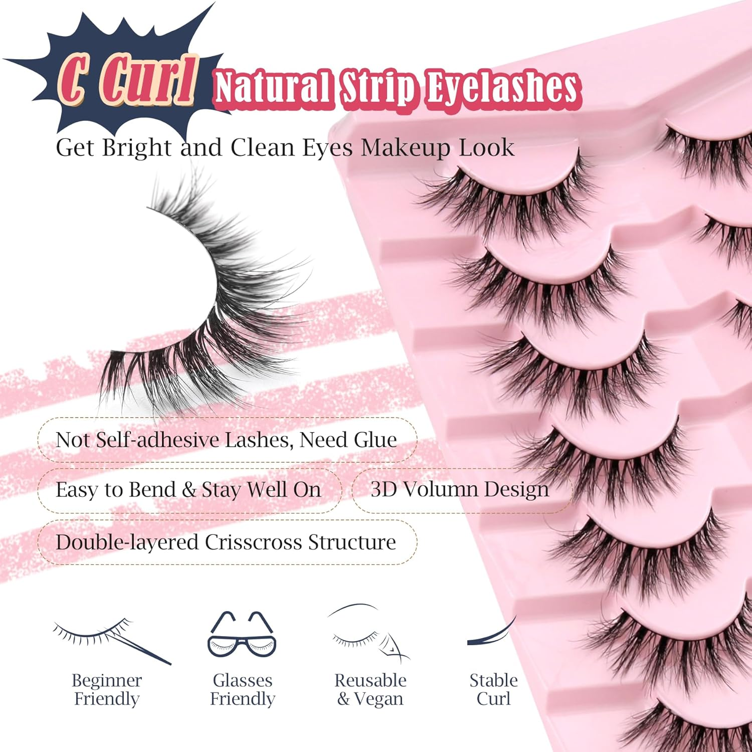 Eyelashes, Cat Eye Lashes, 15 Mm Artificial Eyelashes, Fake Lashes, Natural Eyelashes, Thin Band, False Eyelashes, 3D Volume Eyelash Extensions, C Curl, Wispy Lash Pack, 7 Pairs Siligli image number 5