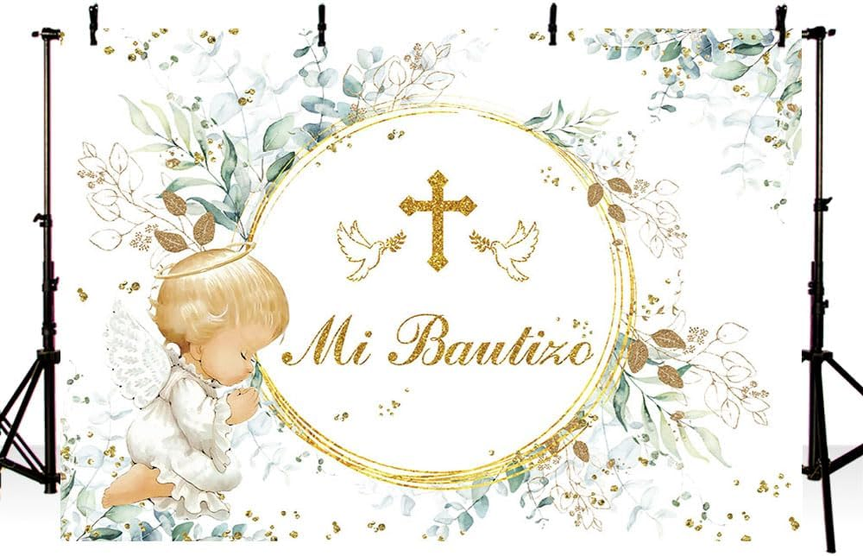 MEHOFOND 2.1 X 1.5 M Children'S Christening Background Angel Baby My Communion Cross Photography Background Dove Communion Church Christening Party Decoration Banner Studio Supplies image number 1