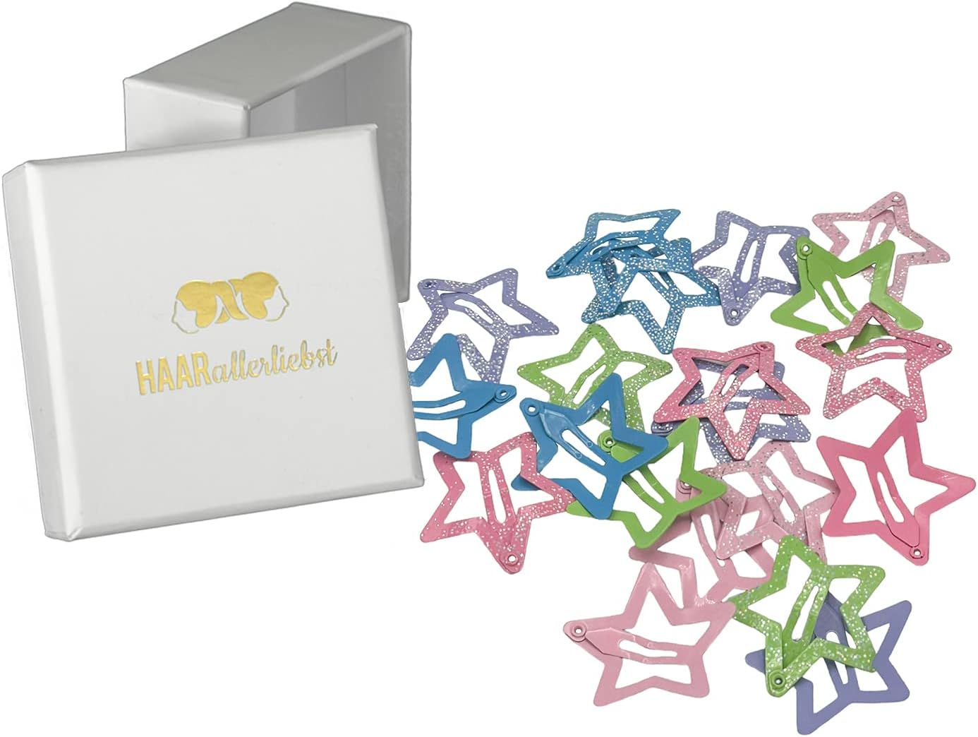 Haarallerliebst Hair Clips Stars Small (Pack of 20 | Colourful Glitter | 3 Cm) for Girls with Storage Box