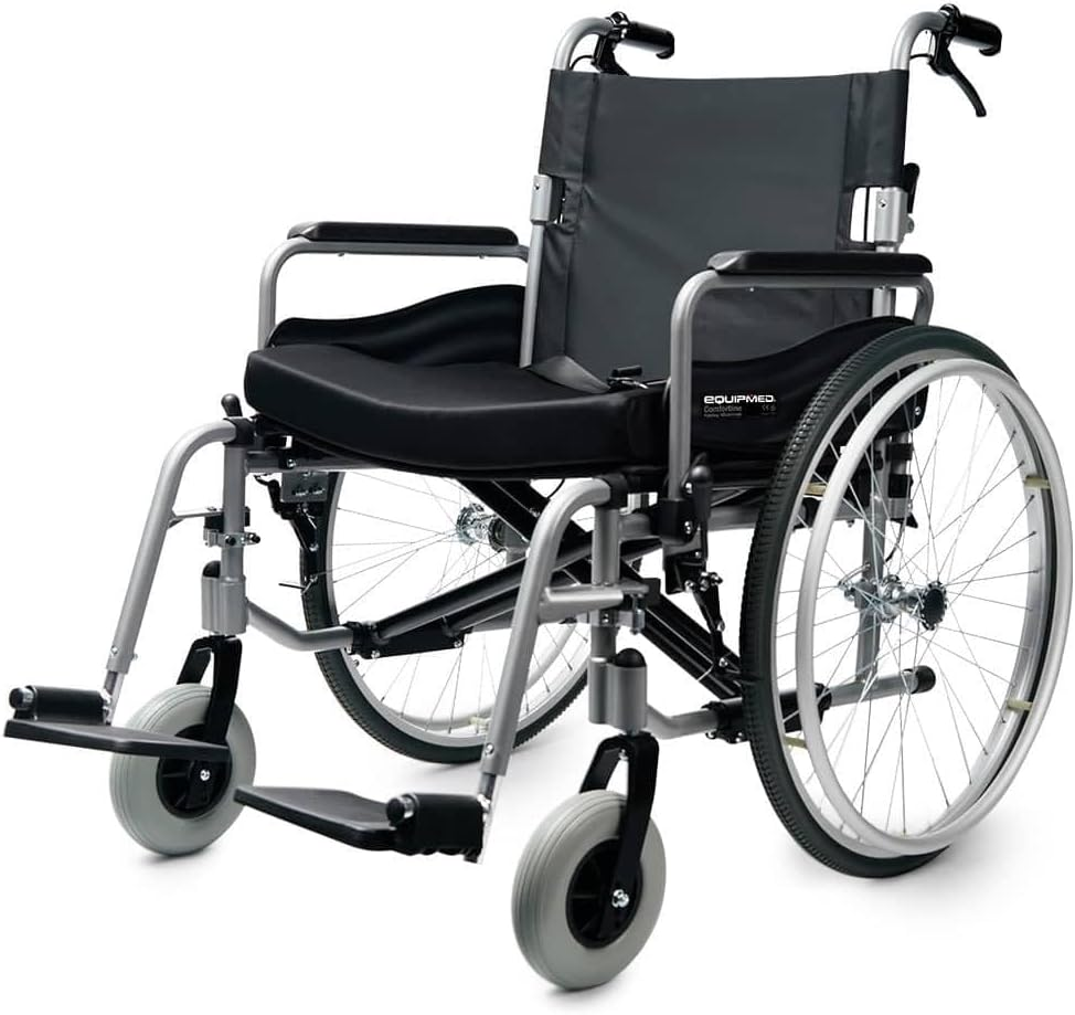 "Equipmed Folding Wheelchair XXL Extra-Wide Bariatric Seat, Aluminium Frame, 150Kg Capacity, 24 Inch Wheels, Park Brakes, Black" image number 2