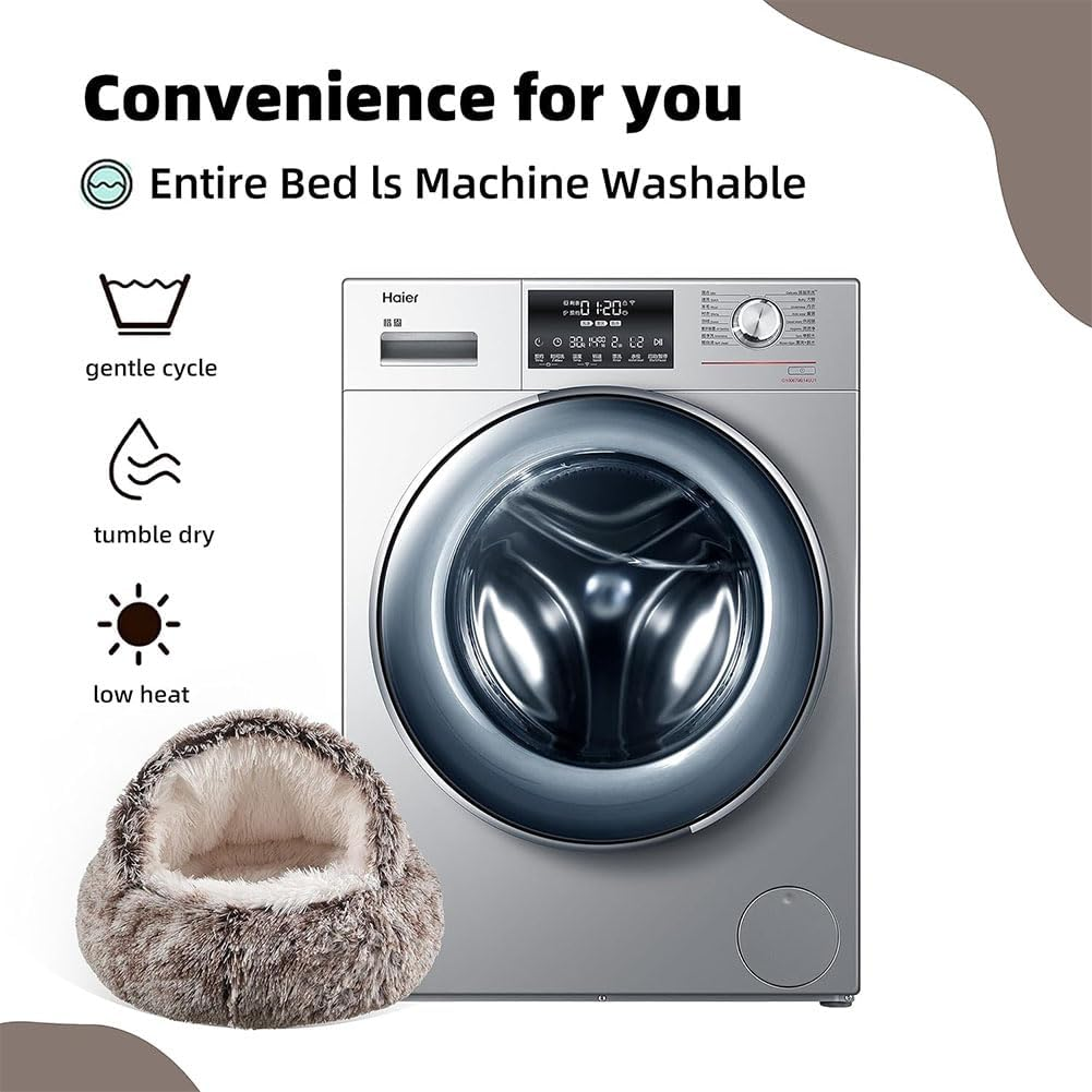 Aufondof Cat Bed round Soft Plush Burrowing Cave Hooded Ped Bed for Dogs & Cats Comfortable Self Warming Small Dog Bed Plush Calming Cat Bed (40Cm) (Brown) image number 4