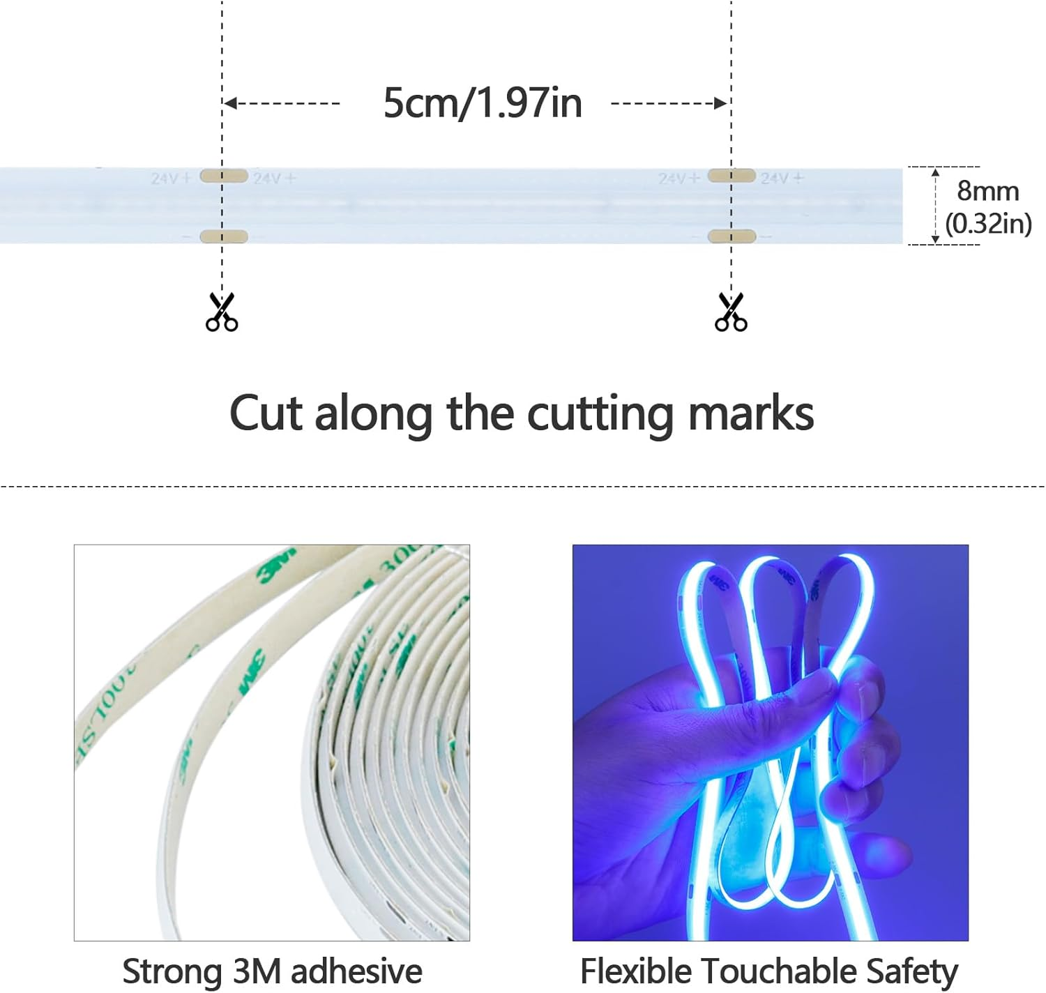 GOMING 24 V 5 M COB LED Strip Blue LED Strip 480 LED/M LED Strip Self-Adhesive High Brightness Not Waterproof IP20 Light Strip for Indoor Home Decoration (Power Supply Not Included) image number 1