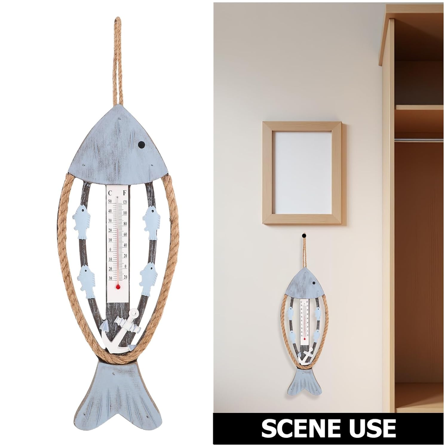 COHEALI Vintage Fish Bone Wall Thermometer Rustic Wooden Temperature Gauge for Coastal Living Bedroom Hotel Hallway Beach Theme Decor with Craftsmanship and Accurate Indoor Temperature image number 6