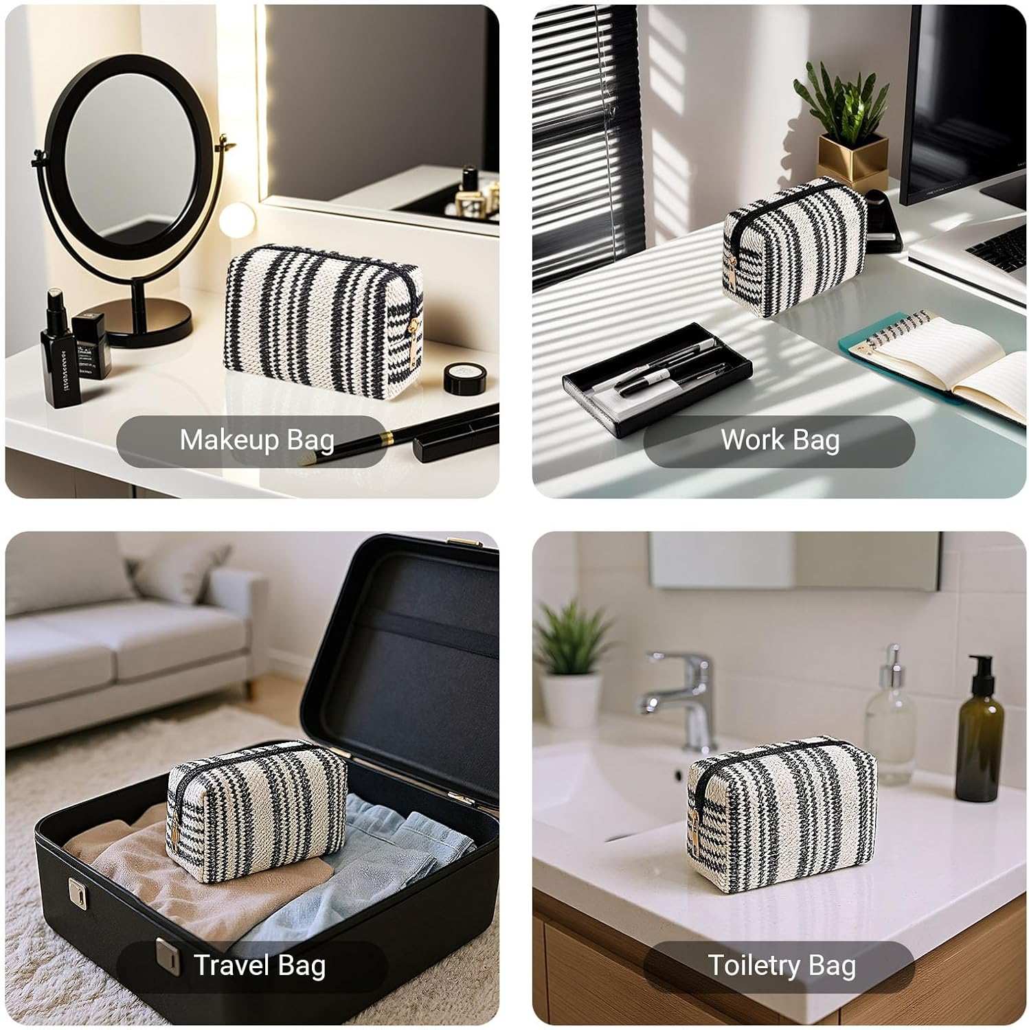 Small Woven Cosmetic Makeup Pouch Bag, Travel Toiletry Bag for Women (Vertical Stripe) image number 1