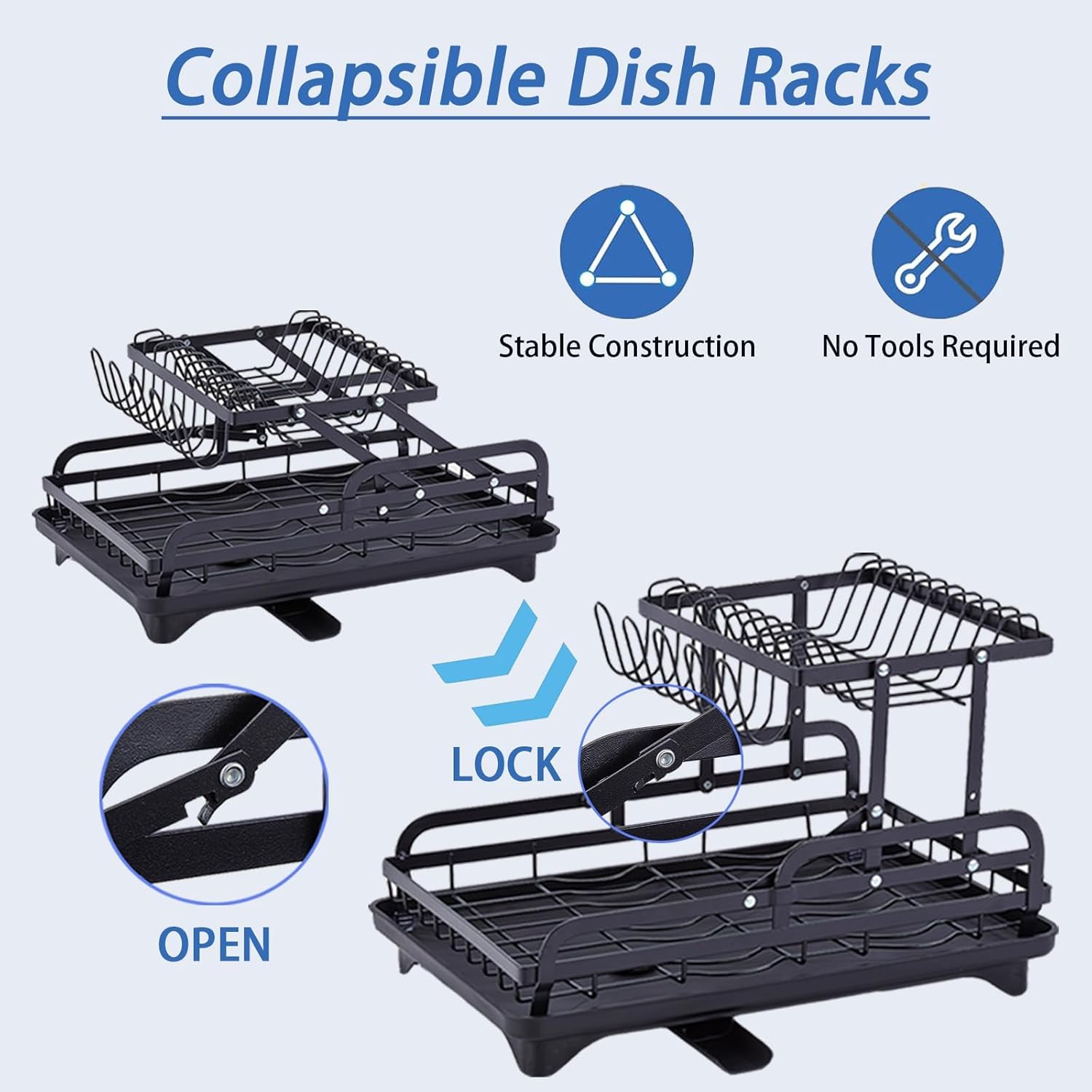 Hoisimdy Dish Drying Rack 2 Tier Dish Rack Kitchen Large Capacity Dish Drainer with Auto Drainage (Black) - Black image number 4