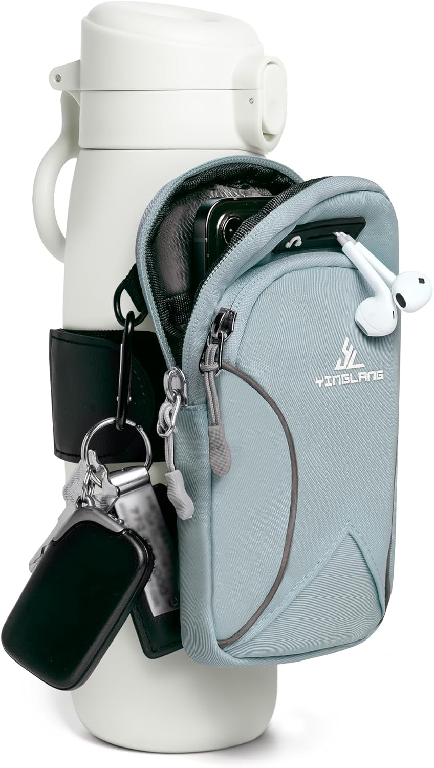 Gym Water Caddy with Phone Holder, Water Bottle Sleeve Bag with Pocket for Cards, Keys, Wallet, Gym Bottle Accessories for Men Women