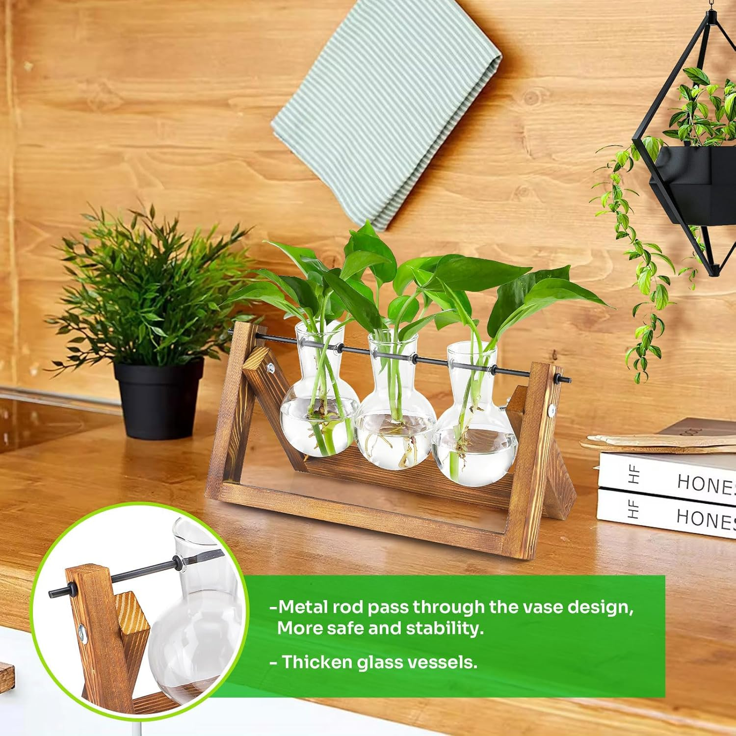 Propagation Station Plant Terrarium with Wooden Stand, Desktop Propagation Stations Glass Hydroponics Terrarium Planter Holder for Gardening Office Home Decor(3 Bulbs Vase) image number 3
