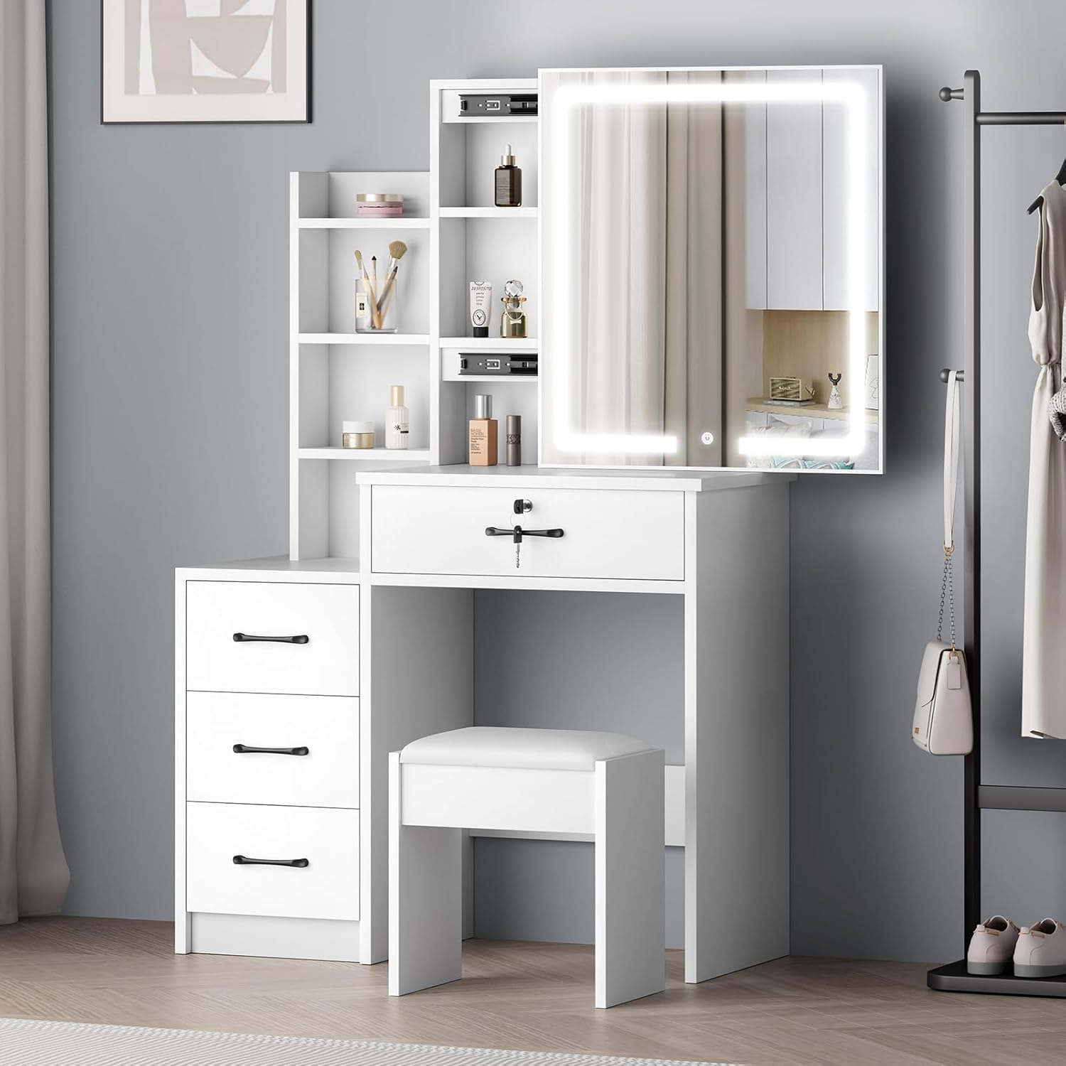 ALFORDSON 4-Drawer Vanity Set, Lockable Drawer & Sliding Mirror, Bedroom Vanity Table, 80X36X131.5Cm, White - 3 Color Lights, Hidden Storage Stool image number 6