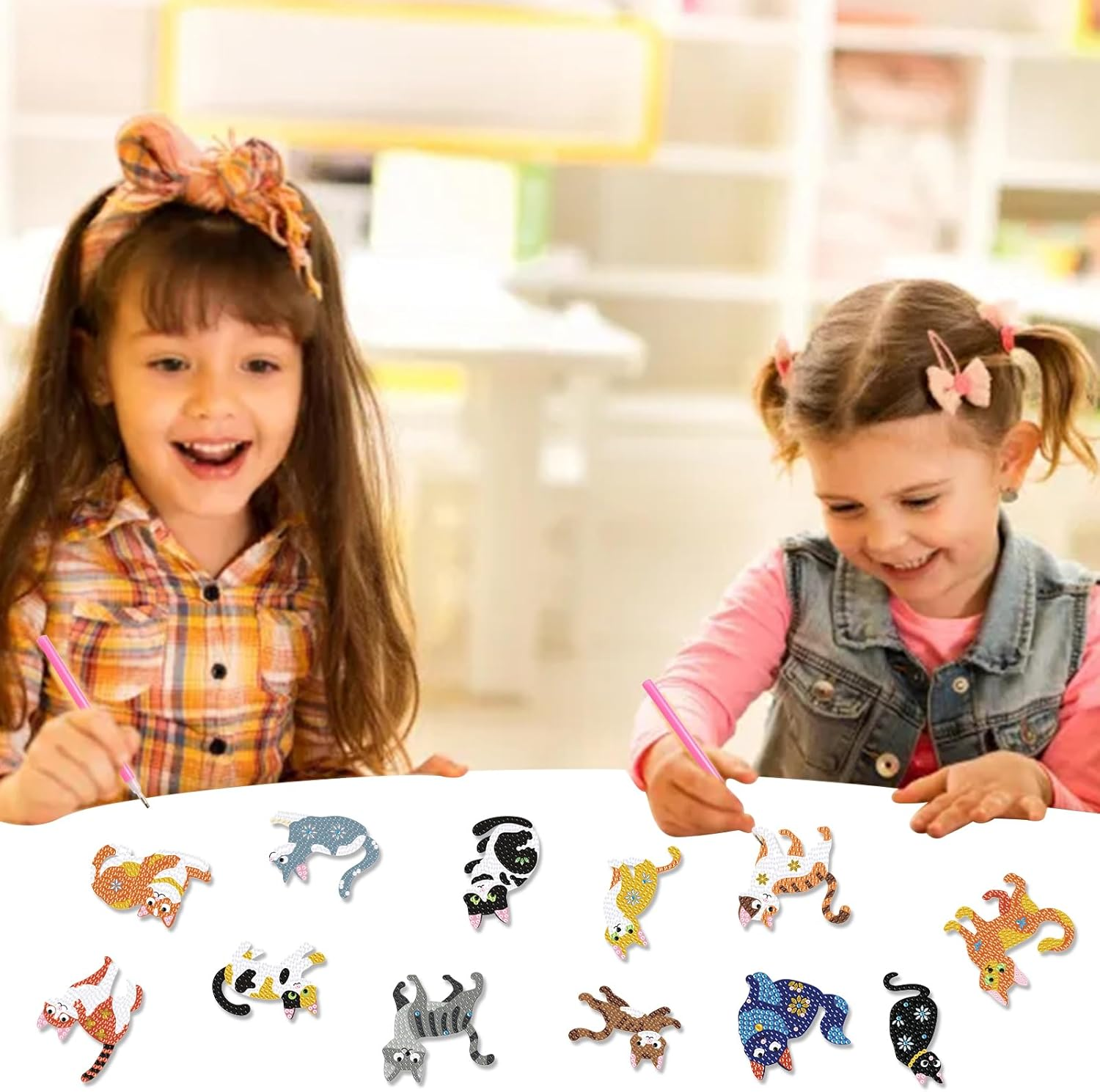 12 Pieces Diamond Key Chain Kits DIY Cats Diamond Art Painting Keychains with Different Shapes Double Sided Rhinestone Embroidery Mosaic Diamond Pendant Keyrings Diamond Pendant for Bag Decoration image number 1