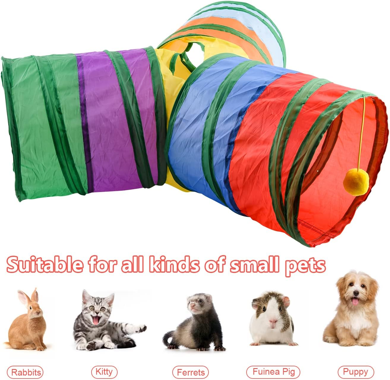 WXJ13 Bunny Tunnels Cat Tube Collapsible 3 Way Rabbit Tunnels for Indoor Bunnies Bunny Hideout Small Animal Tunnel Tubes Hideout Extra Hideaway Toys Rabbits Bunny Guinea Pigs Kitty,Colorful image number 2