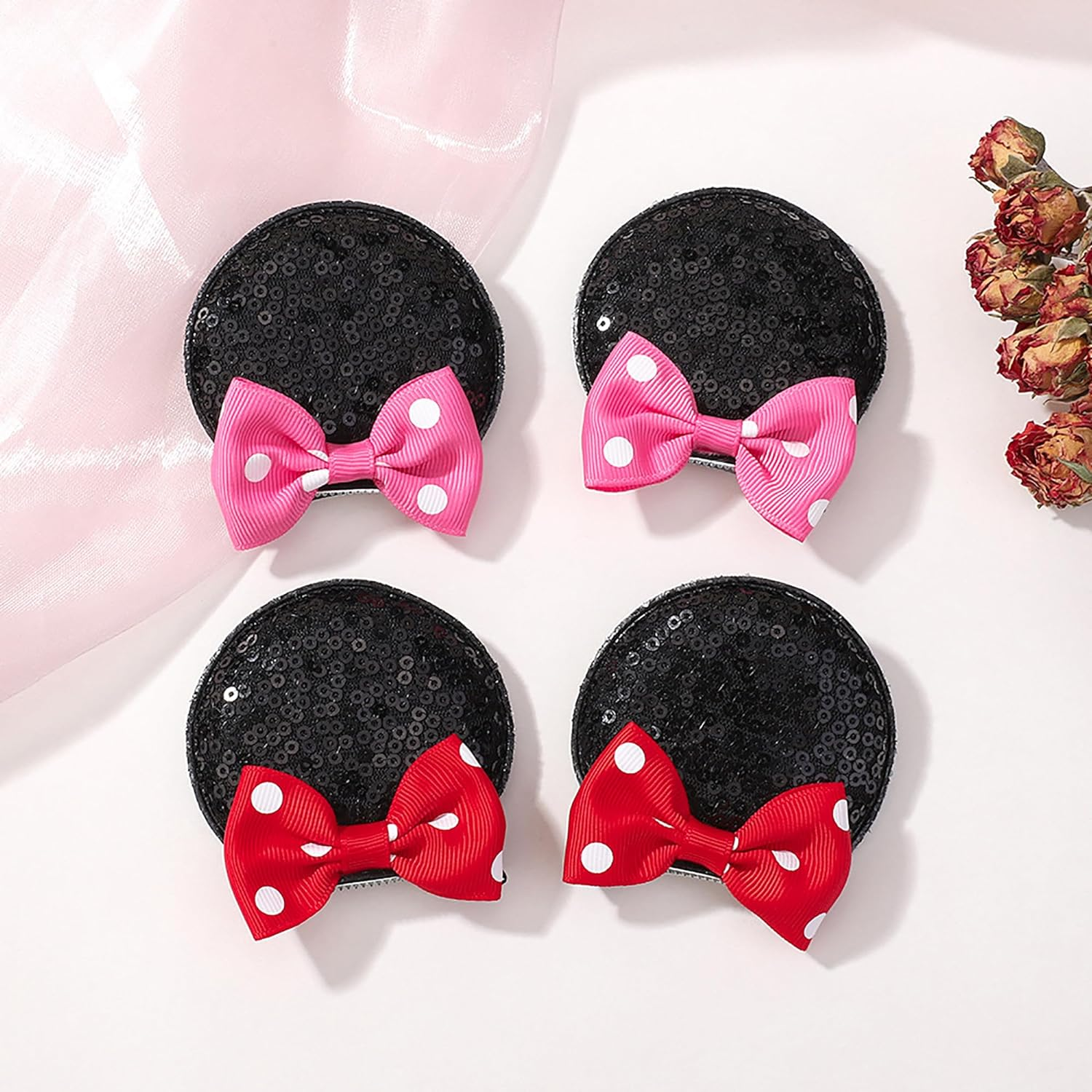 Ayesha Mickey Minnie Ears Hair Clips Mouse Ears for Toddler Girls Sequin Mouse Bows Barrettes Mice Ears Polka Dot Bows Mouse Hair Accessories for Baby Girls Toddler Kids Costume Party 4PCS image number 2
