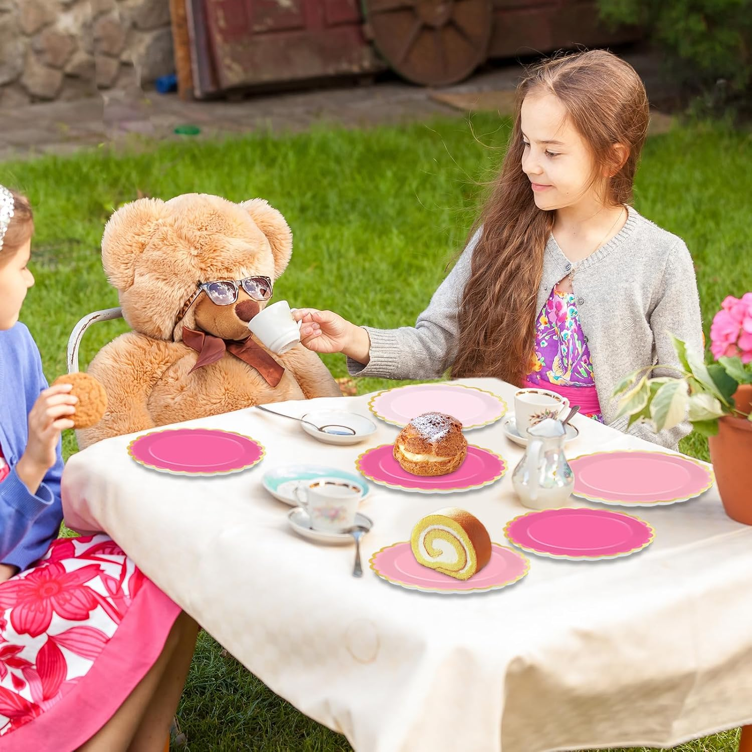 Wiooffen 48Pcs Pink Scalloped Paper Plates 9Inch Pink Gold Foil Border Plates Disposable Gradient Pink Tableware Set Hot Pink Dinner Dessert Plates for Wedding Bridal Baby Shower Birthday Supplies image number 1