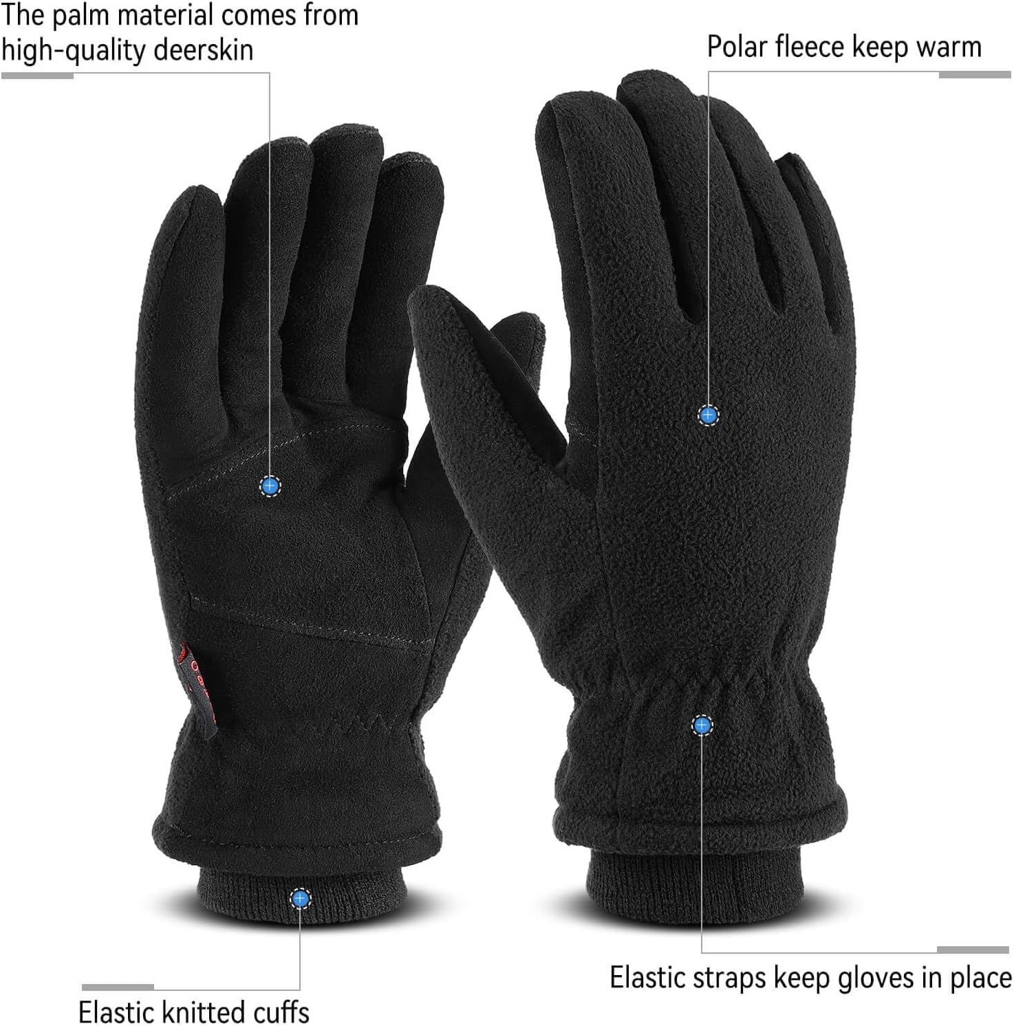 OZERO Deerskin Leather Winter Gloves for Men & Women: Water-Resistant, Windproof Cold Weather Gloves for Driving & Hiking, Warm to -34&deg;C (Black) image number 2