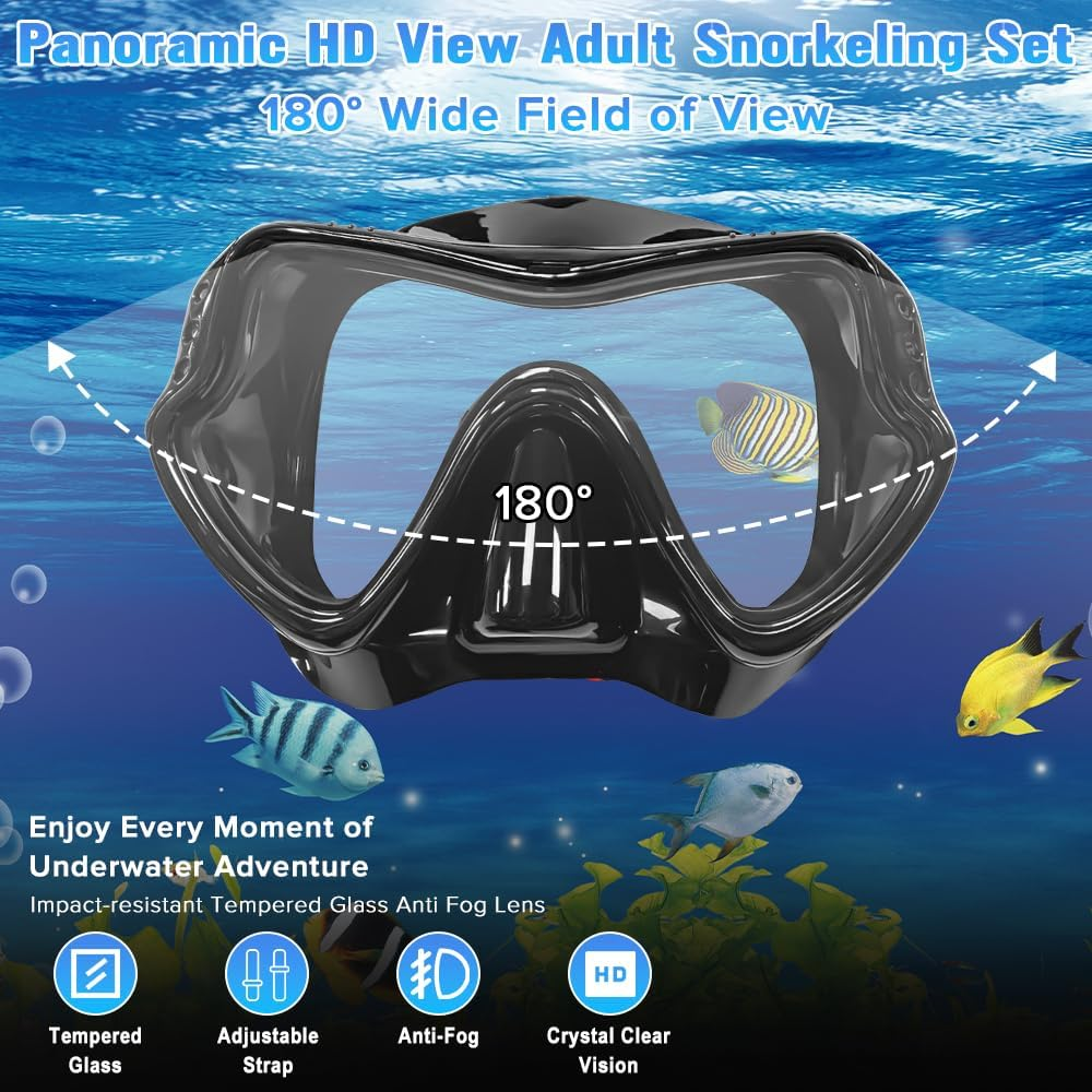 Yakiter Mask Fin Snorkel Set with Adult Snorkeling Gear, Panoramic View Diving Mask, Trek Fin, Dry Top Snorkel +Travel Bags image number 1