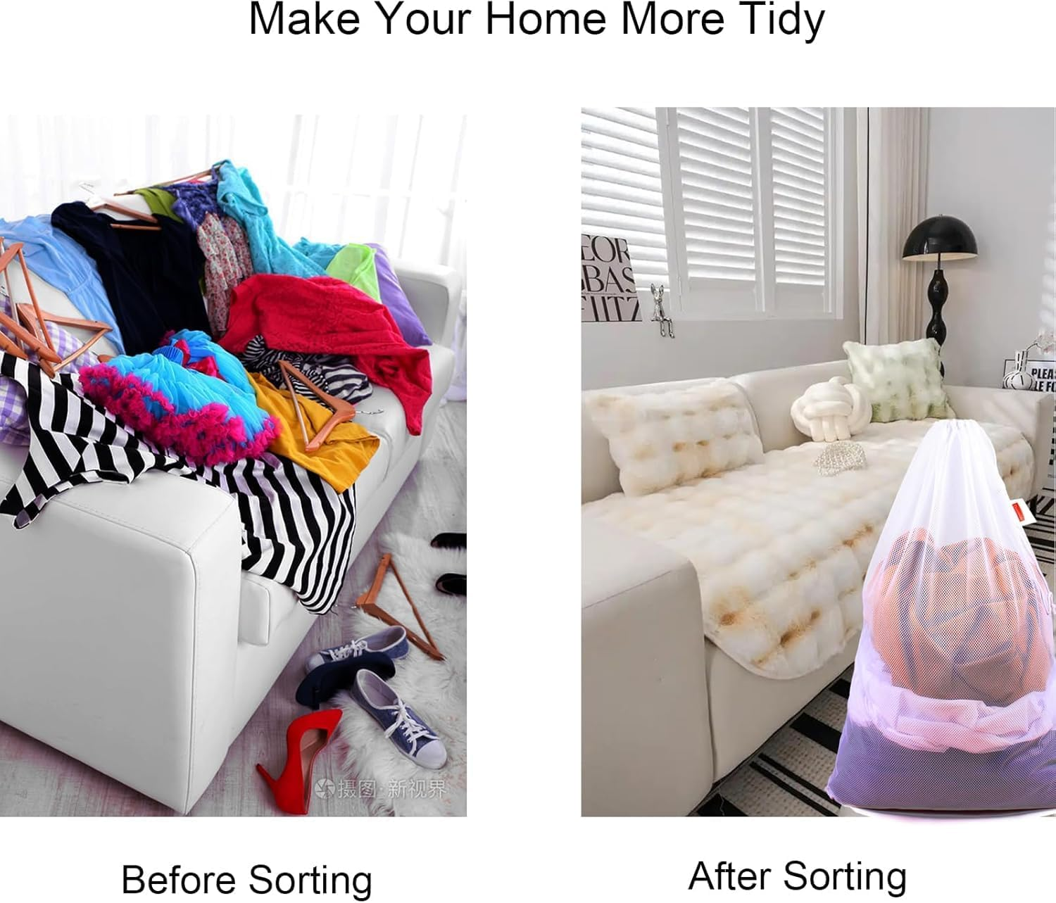 Drawstring Laundry Bag, Drawstring Clothing Protective Laundry Bag, Curtain Clothing Storage Bag, Suitable for Tourists and Apartment Residents (2 White & 1 Black, 60 * 90CM) image number 5