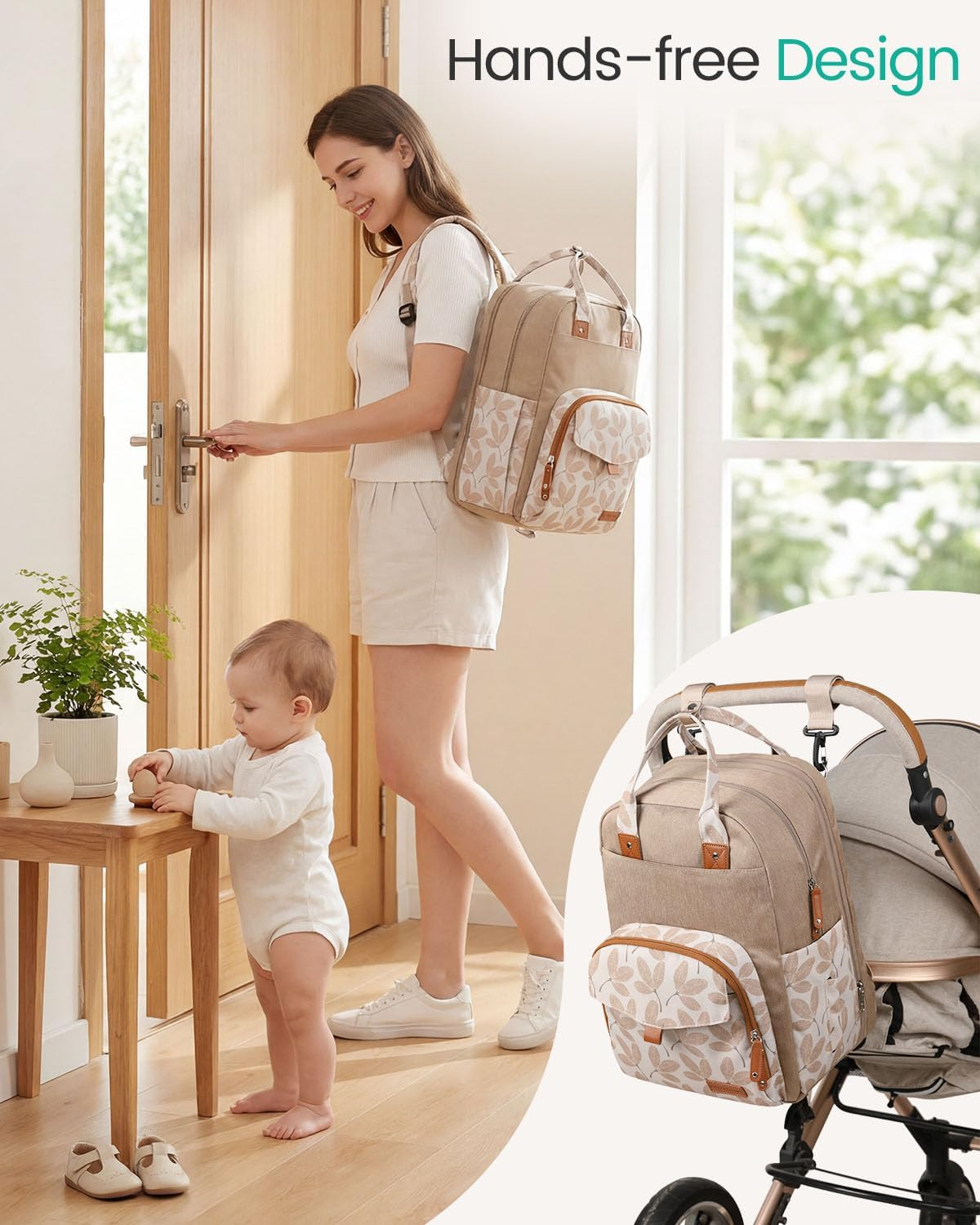 Extra Large Diaper Bag Backpack for Two Kids, Expandable 35L Baby Bags for Mom Girl Boy Dad Toddler - Large, Khaki image number 3