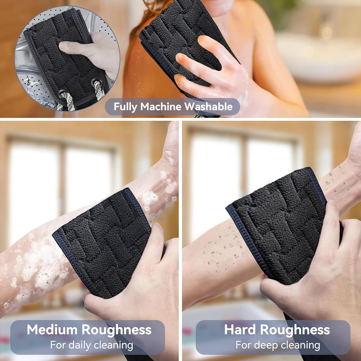 Exfoliating Back Scrubber for Shower,100Cm Double-Sided Bath Scrubber with Handles, Deep Cleaning Body Washcloth for Men & Women, Long Handle Exfoliator for Smooth Skin, Soft & Durable (Black)