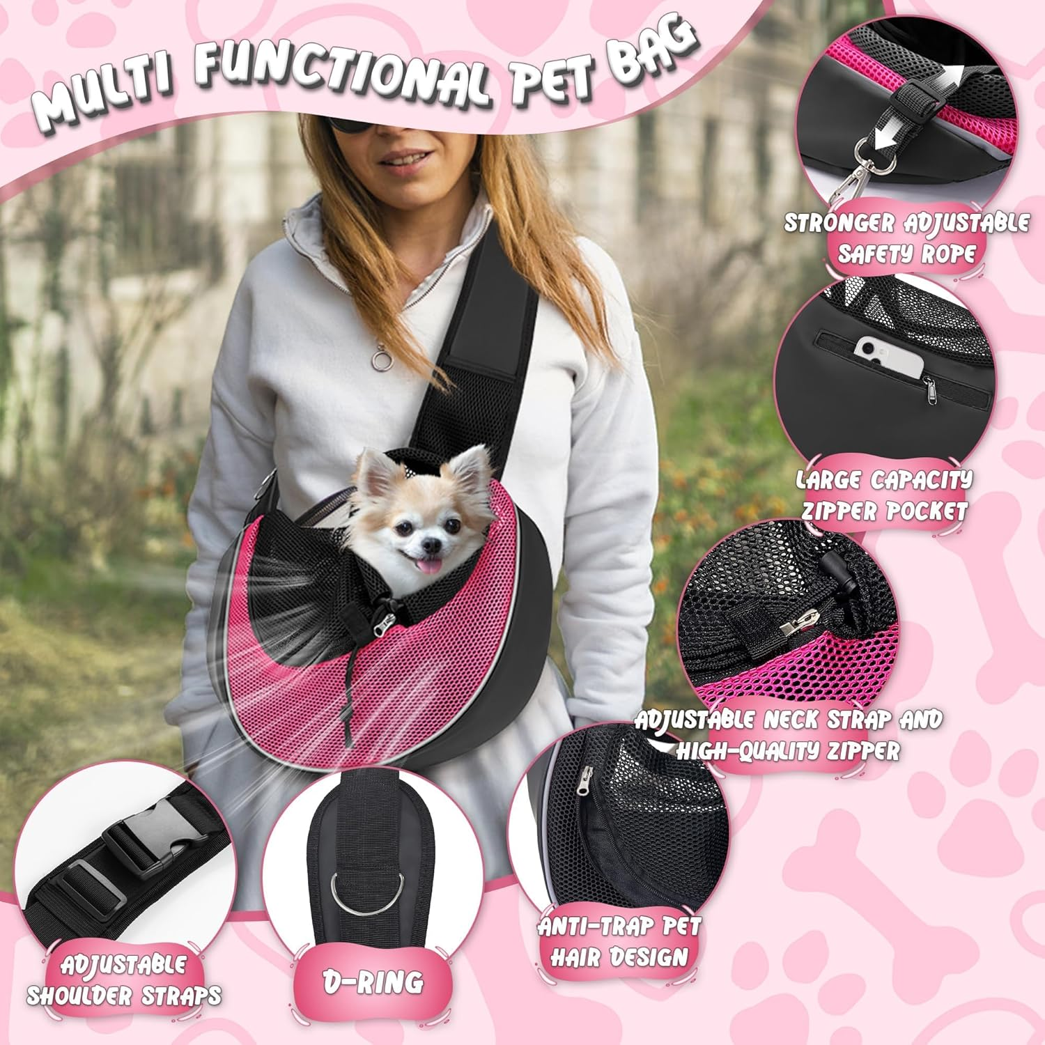 Upgraded Breathable Mesh Dog Sling Carrier for Small Dogs & Cats up to 10Lbs-Detachable Hard Bottom,Adjustable Strap & Large Pocket-Hands-Free Pet Carrier for Women Travel Walking Hiking (Pink Size M) image number 6