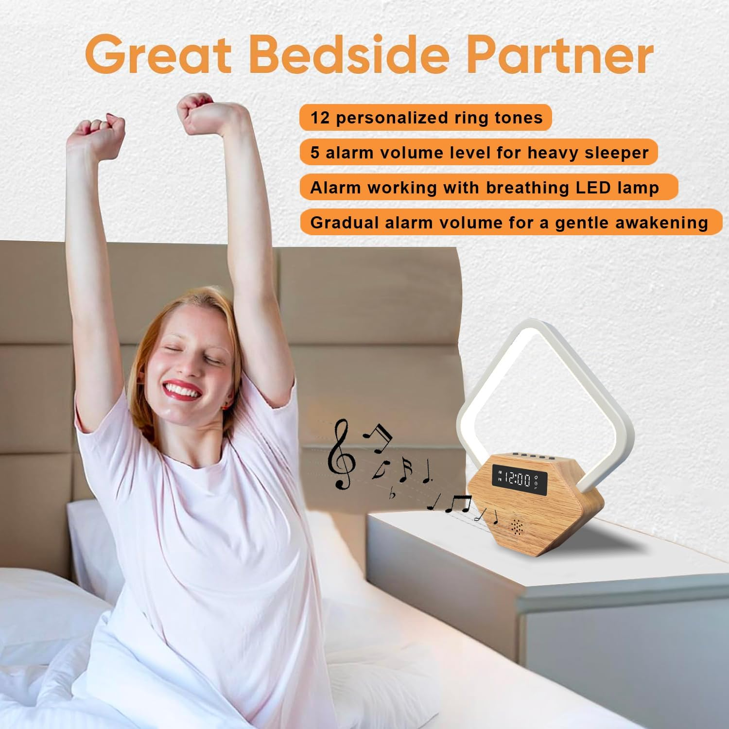 Xunhomon Sunrise Alarm Clock for Bedrooms Heavy Sleepers 15 Sleep Sounds White Noise Machine Baby 3 Color Table Lamp 10 Ringtones for Audit with QC3.0 & PD22.5W USB C Fast Charger image number 3