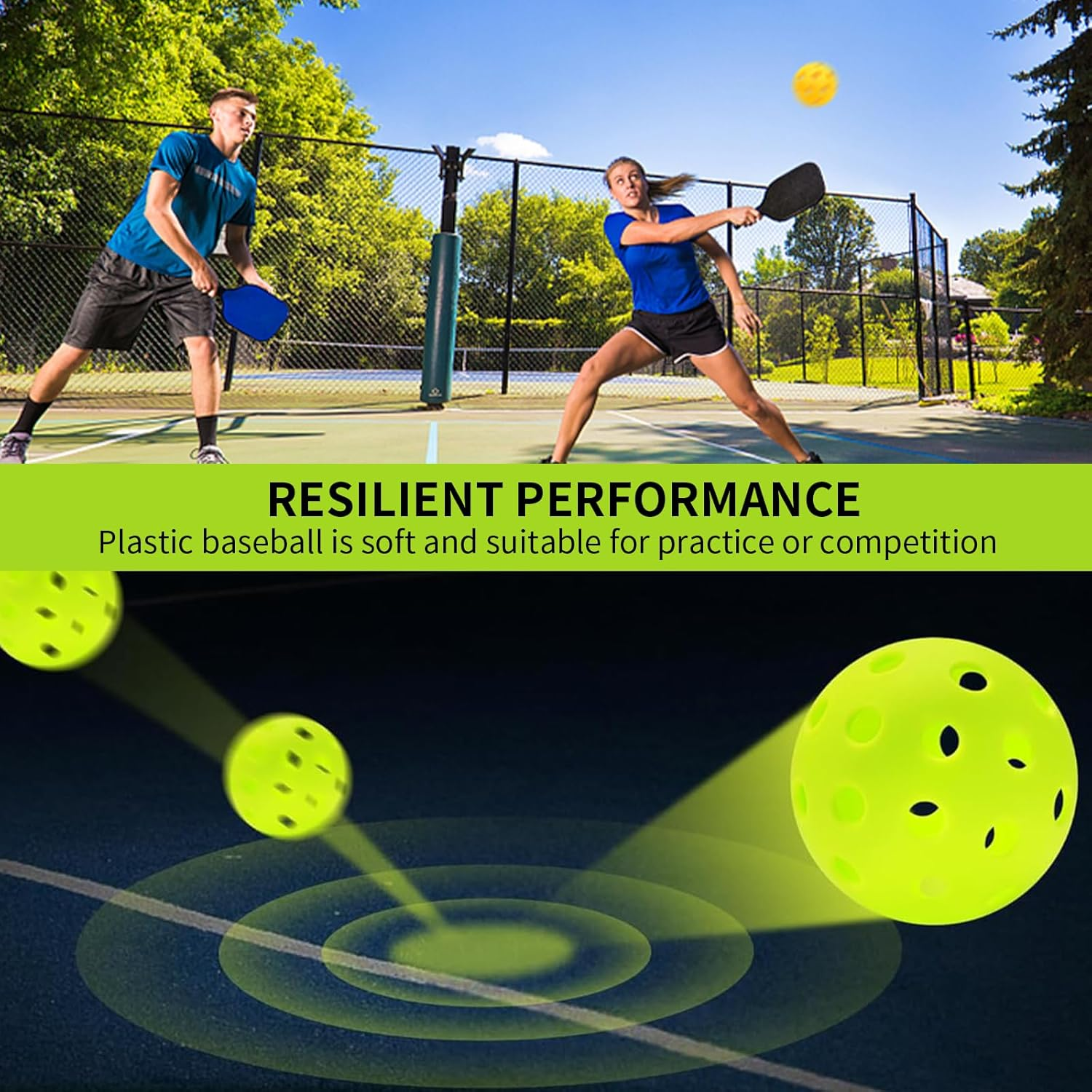 12 Packs Outdoor Pickleball Balls, 6 Green(Outdoor 40 Holes)+6 Yellow(Indoor 26 Holes), High Elasticity & Durable Pickleballs for All Style Pickleball Paddles, Great Gifts for Pickleball Lovers image number 6