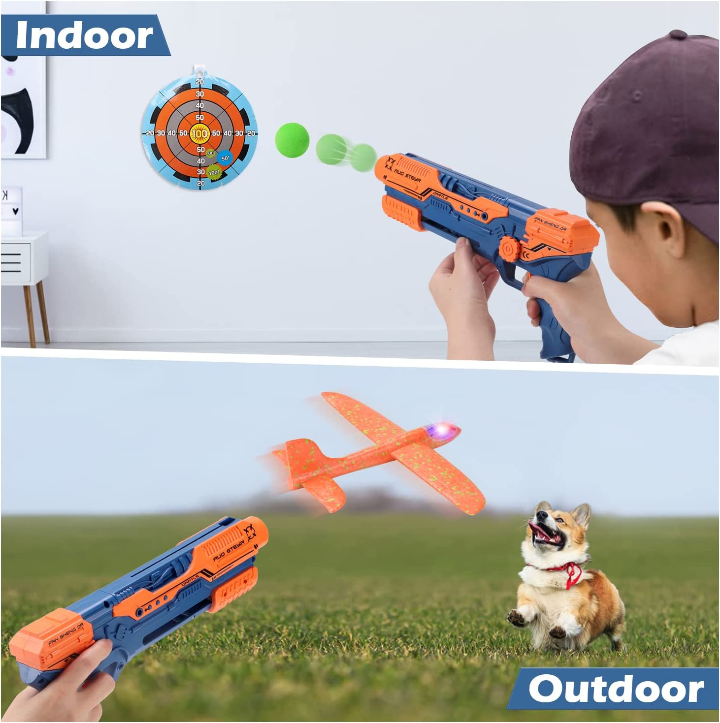 REMOKING 5 in 1 Shooting Game for Kids, LED Light Airplane with Launcher,Gun Toy W/Throwing Foam Plane,6 Foam Balls&Bullets,Outdoor Sport Flying Toys Birthday Gifts for Boys Girls Kids 3-8 Year Old