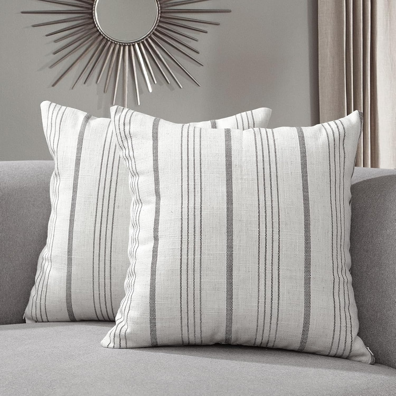 Sunlit Decorative Farmhouse Throw Pillow Case, Set of 2 Cream/Off-White with Gray Stripes Modern Accent Square Pillow Cover, 26" X 26", Textured Linen Throw Cushion Covers for Couch Chair Bedroom image number 6