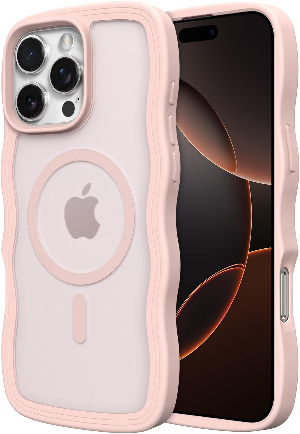 ZTOFERA for Iphone 16 Pro Magnetic Case, Wave Frame Curly Shape Translucent Slim Compatible with Magsafe Bumper Shockproof Protective Phone Cover, Pink image number 2