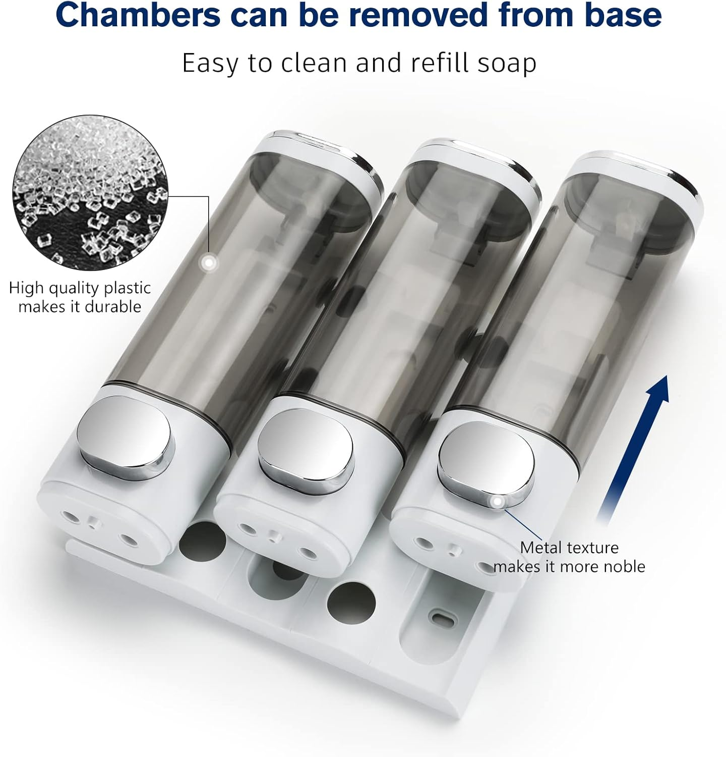 Shampoo Dispensers for Shower Wall Mounted Soap Dispenser 3 Chambers Conditioner Body Wash Dispenser Set Shower Soap Dispenser Wall Mounted by Glue or Screws，Chrome,3 Chambers,Pc image number 6