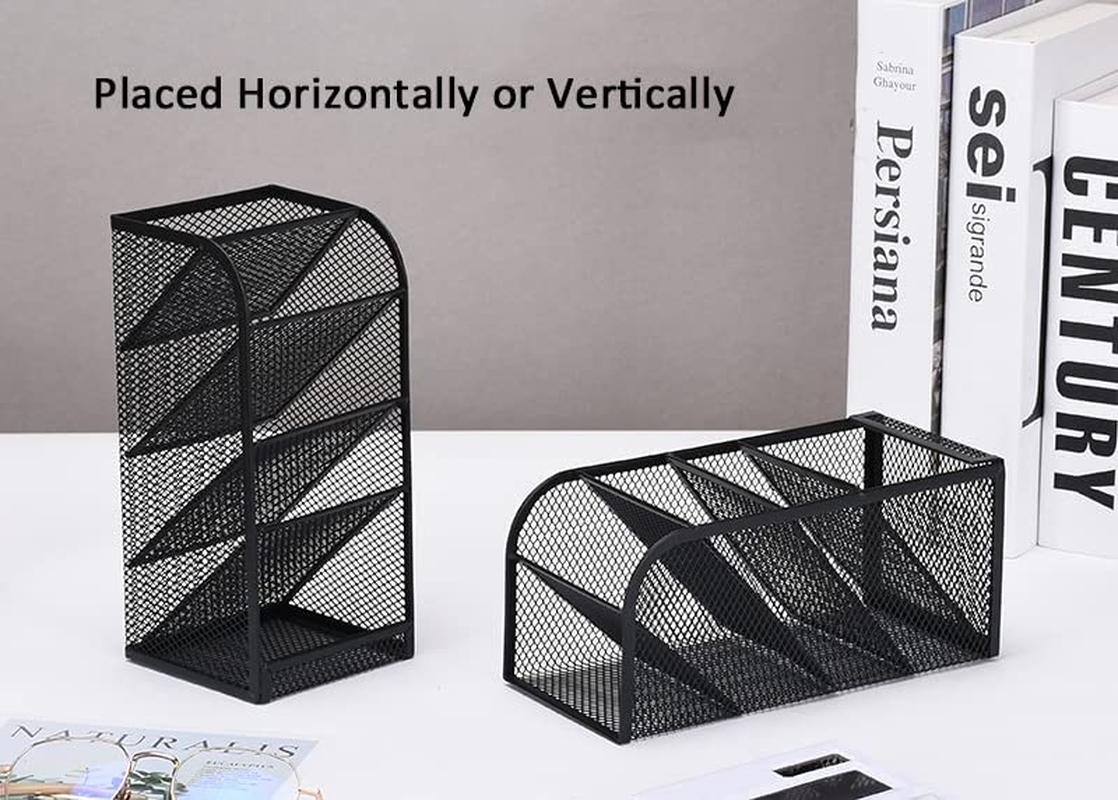 Modern Black Metal Mesh Angled Desk Organiser, 5-Compartment Stationery Drawer Organizer with Pen Holder image number 6