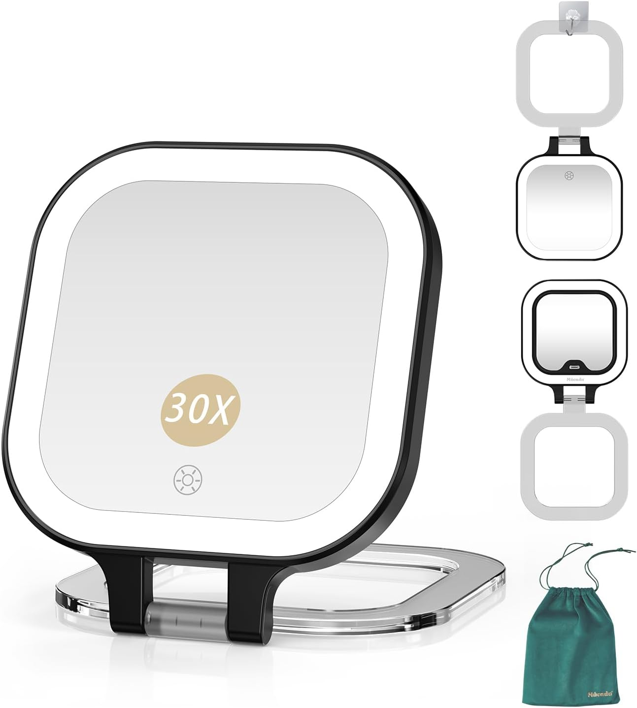 Mocado Compact Travel Makeup Mirror, 1X/30X Magnifying Mirror with Light, Double Sides Compact Mirror with 3 Color Light, Dimmable Handheld Mirror, Rechargeable Travel for Purse,Pocket(Green)