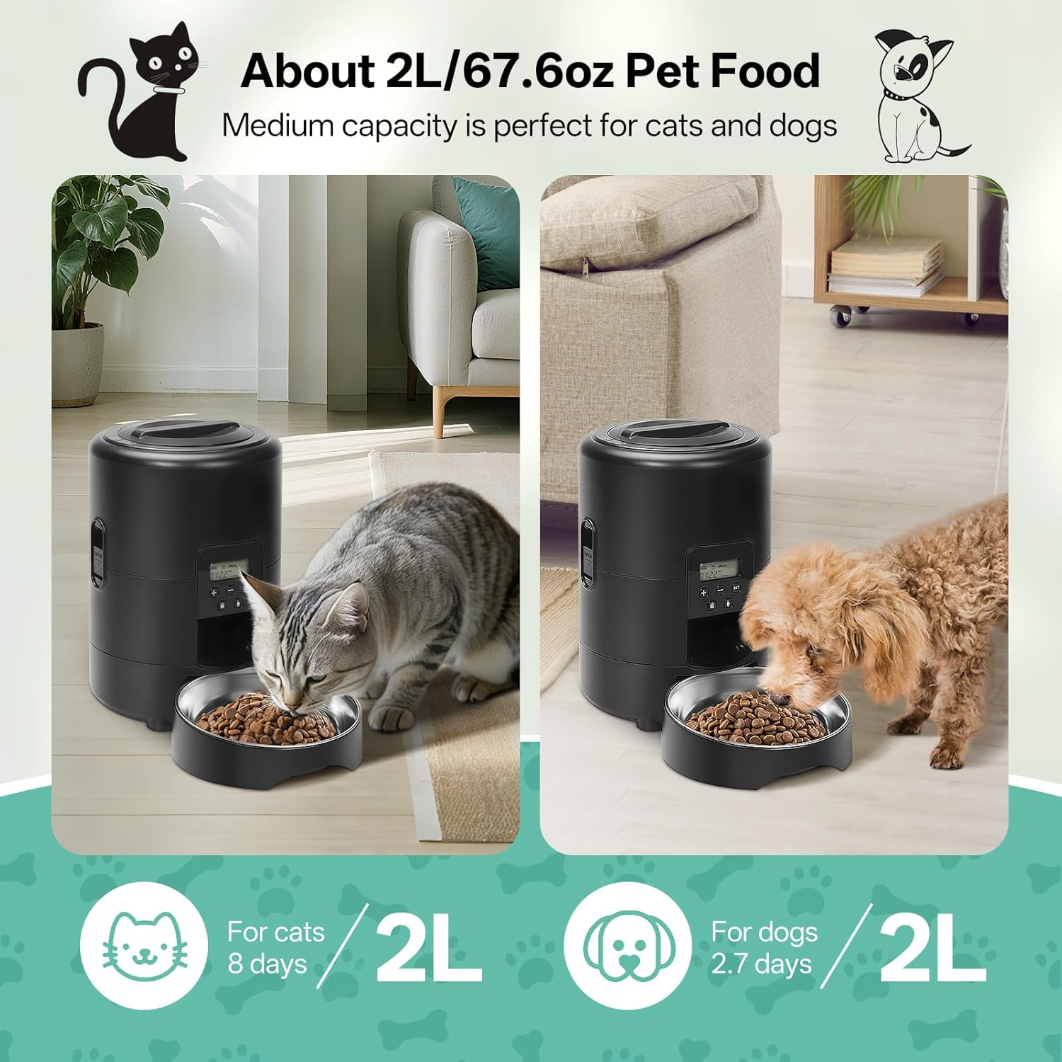 BFLICROY Automatic Cat Feeder, 2L Timed Pet Feeder, Reliable Scheduled Dog Food Dispenser, 1-4 Meals/Day, 1-40 Portions/Meal, Programmable Control, Dual Power Supply image number 2