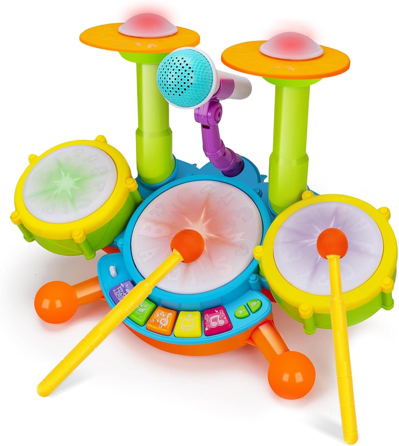 Toddler Drum Set 1-3 Years Rock and Roll Musical Instrument Toy with 3 Drums, 2 Cymbals, Microphone, 5 Modes, Lights & Volume Control image number 1