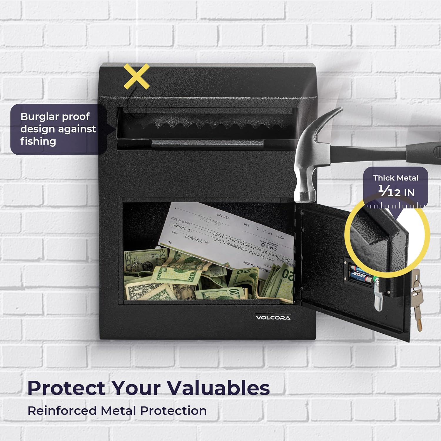 Volcora Key Drop Box with Lock, Drop Slot Depository Safe Box Digital Keypad, Money Drop Safe for Business, Wall Mount Mailbox, Cash Drop Box, Electronic Programmable Lock with Key Indoor Use