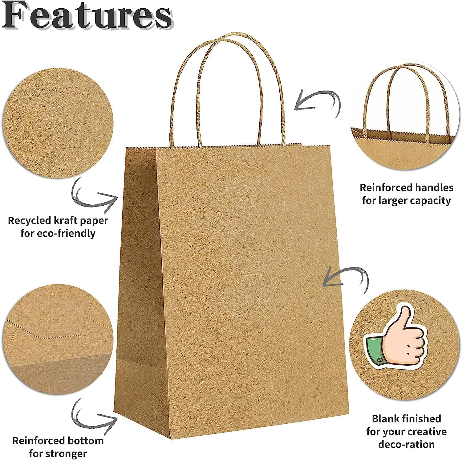 H HOME-MART Party Bags,50 Pack Brown Paper Bags with Handles,21 * 11 * 27Cm,Bulk Kraft Paper Bags Craft Gift Bags for Christmas Birthday Party Favors Grocery Retail Shopping Business Goody image number 2