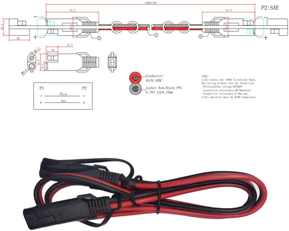 Battery Charging Cables SAE to SAE 12V-24V Quick Disconnect Extension Cable 2 Pin with Dust Cap DC Connection Cord Plug 4 Feet 16AWG Gauge for Camp Trailer Solar Panels Battrey image number 6