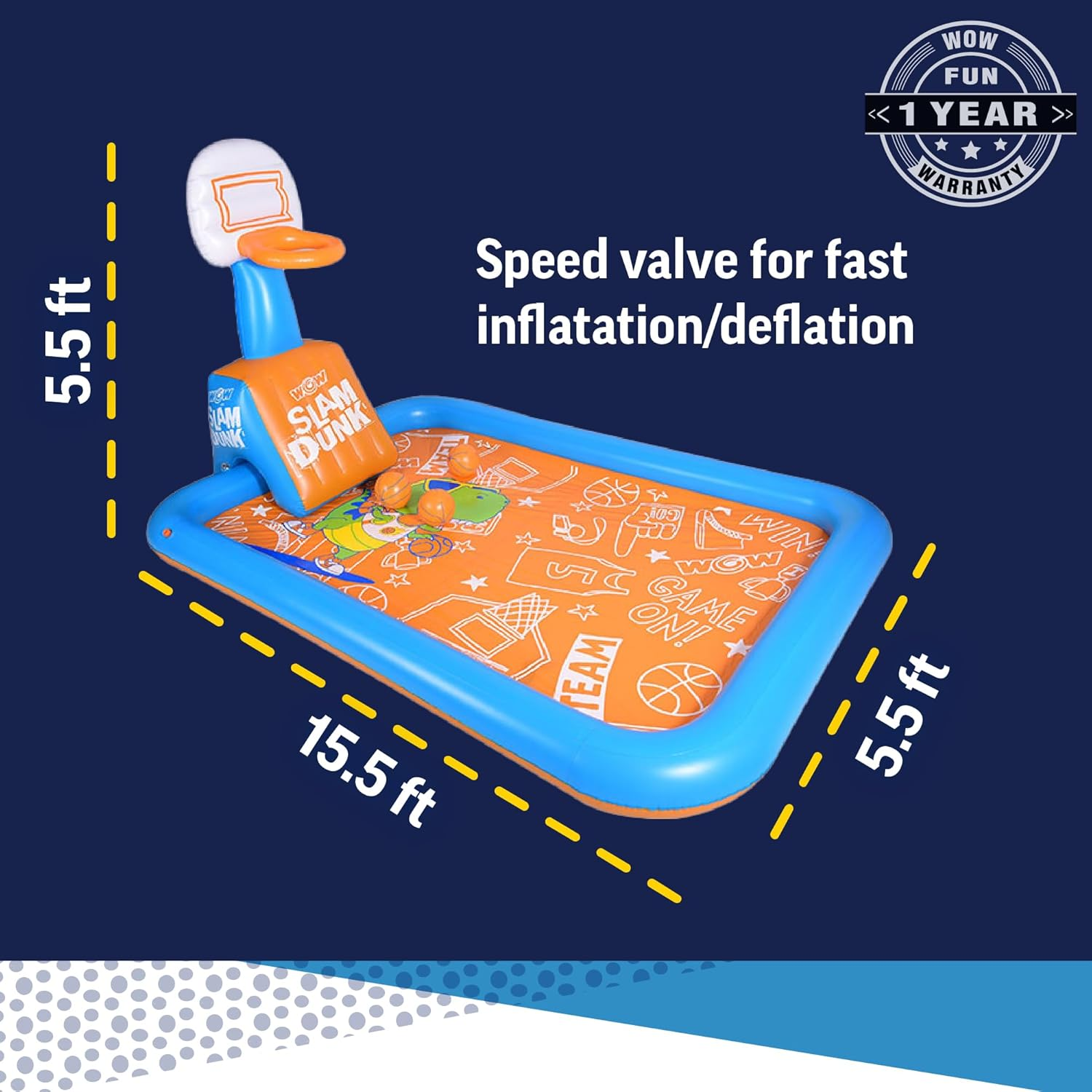 WOW Sports Hoops Splash Pad, Large Sprinkler Splash Pad for Kids with Inflatable Hoops and Basketballs