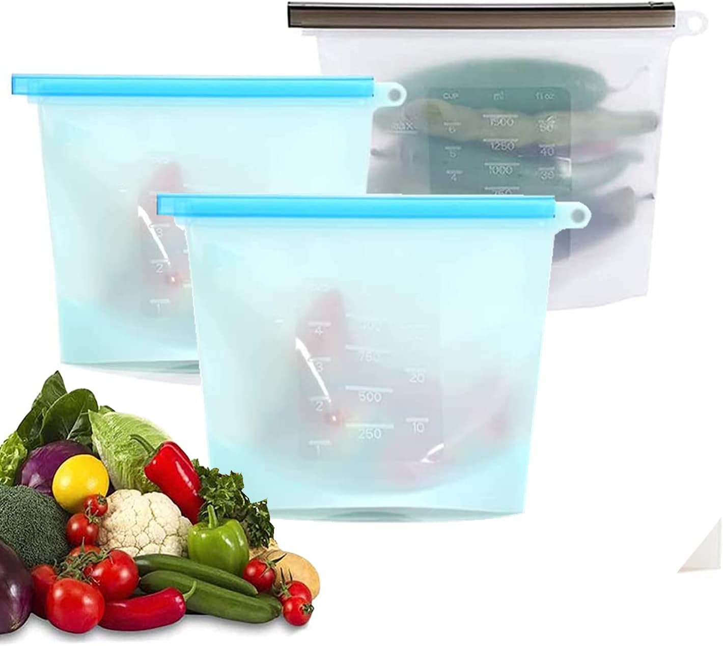 Reusable Extra Thick Silicone Food Storage Bags -3 Packs Zipper Freezer Bags for Vegetable, Fruit, Sandwich, Snack, Lunch, Liquid, Travel, Dishwasher-Safe Lunch Storage Bags image number 2