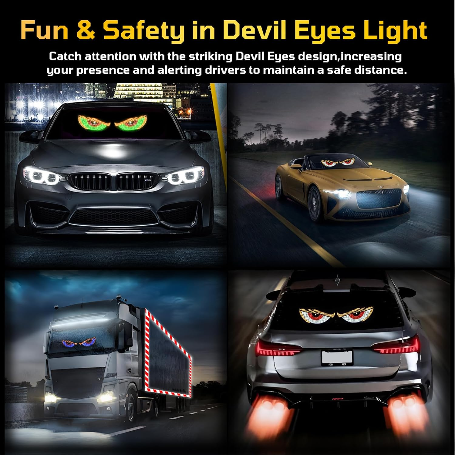2PCS LED Devil Eyes Light for Car Truck SUV Windshield, 23.6"X4.73" Dynamic Flicker Vehicle Front Rear Window Display, USB Powered, Cool Car Decoration, Universal Fit (White)