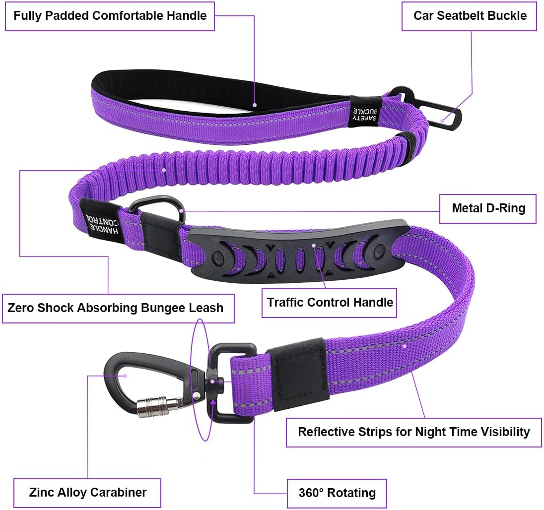 Q.K Bungee Dog Lead, Shock Absorbing Reflective Dog Lead, Dog Walking Running Elastic Lead with 2 Padded Handle & Car Seat Belt Buckle, Adjustable Dog Leash Heavy Duty for Large Medium Small Dogs image number 5