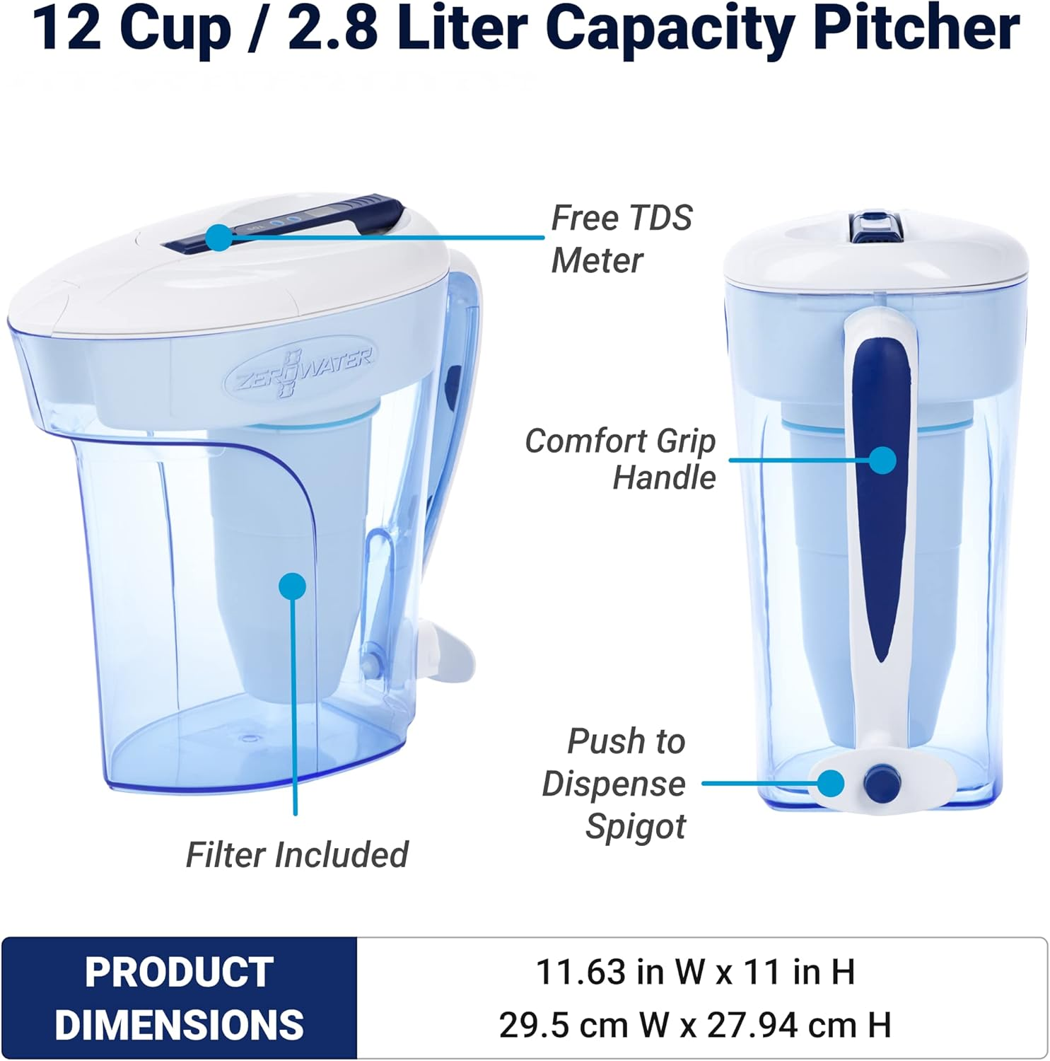 Zerowater 2.8L 5-Stage Water Filter Jug, IAPMO Certified to Reduce PFOA/PFOS, Fluoride, Lead & Other Heavy Metals-0 TDS, BPA Free, TDS Meter Included image number 2